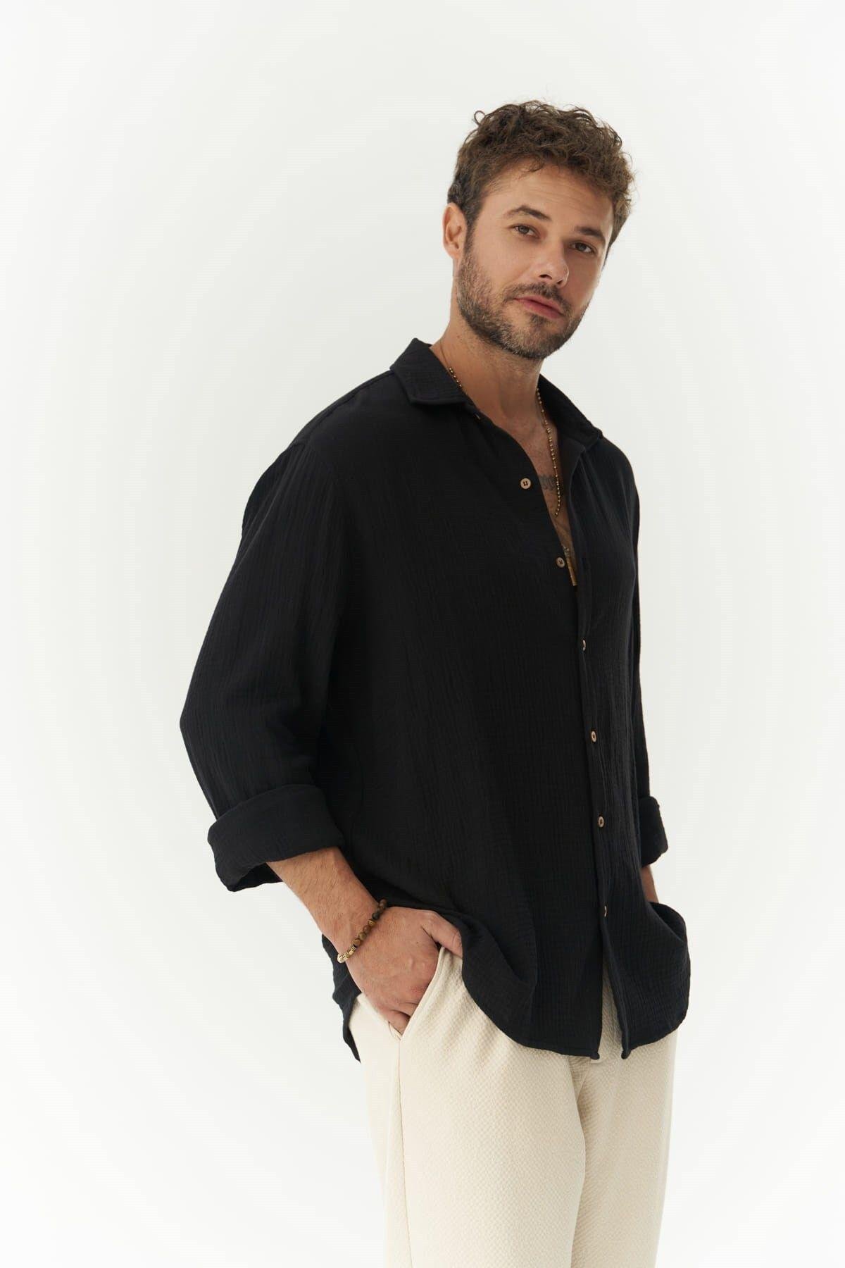 Herman Erkek Oversize Siyah Müslin Gömlek