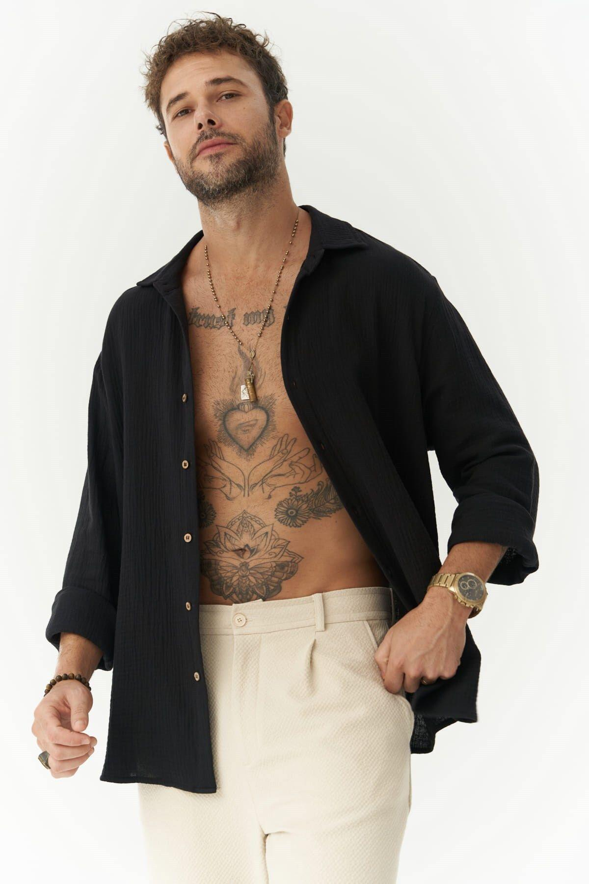 Herman Erkek Oversize Siyah Müslin Gömlek