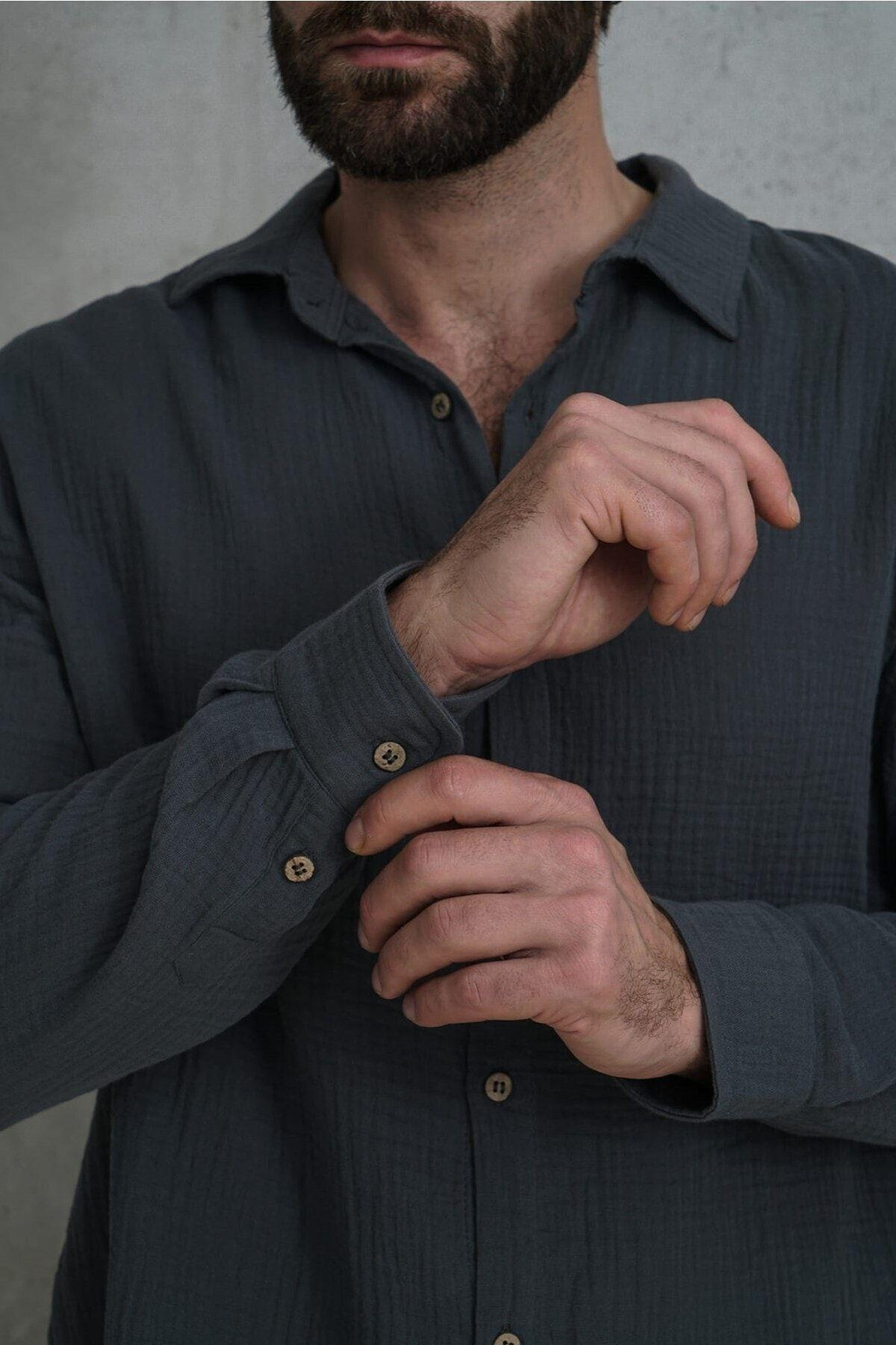 Bohemai Herman Men Oversize Anthracite Muslin Shirt