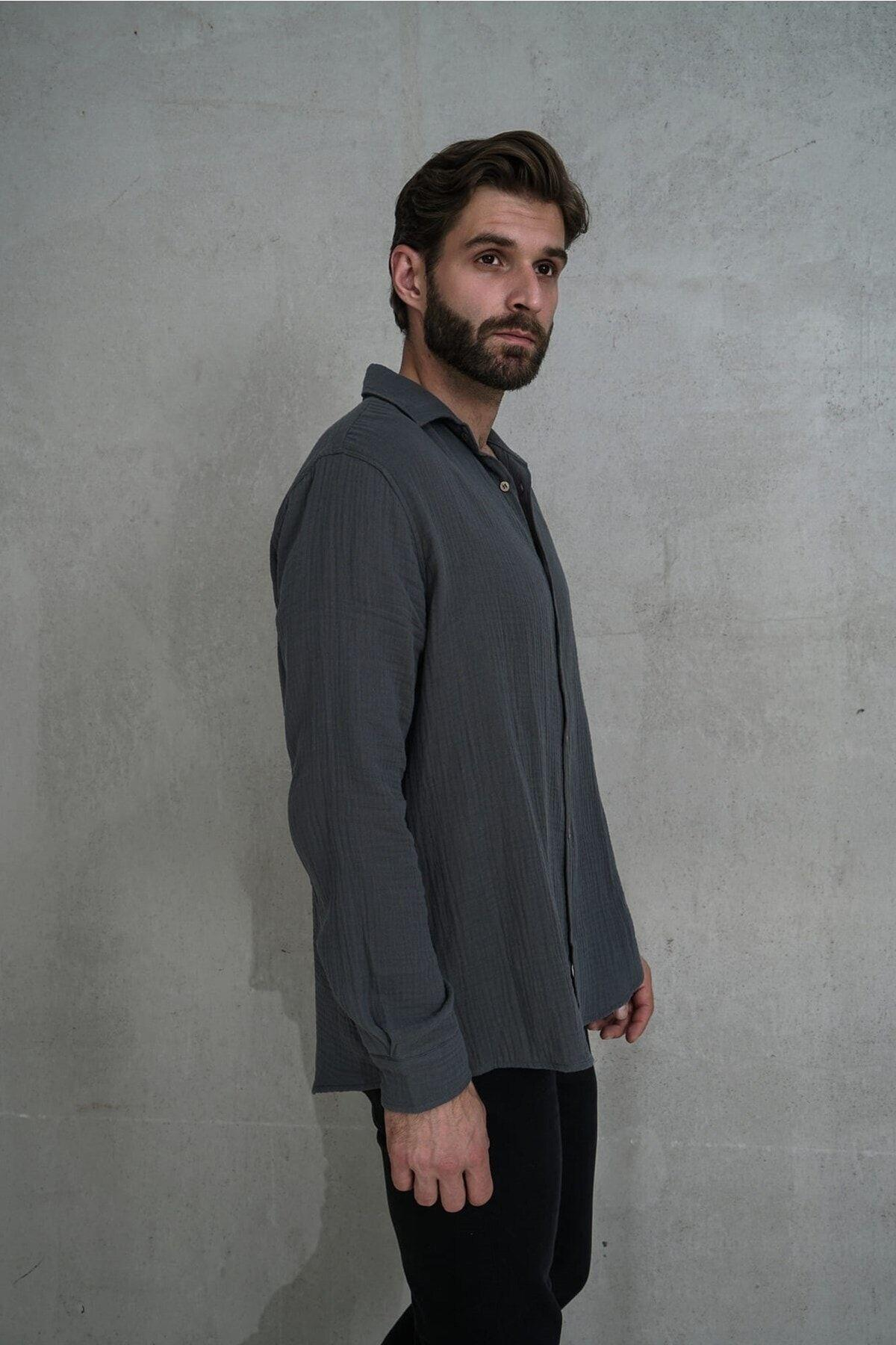 Bohemai Herman Men Oversize Anthracite Muslin Shirt