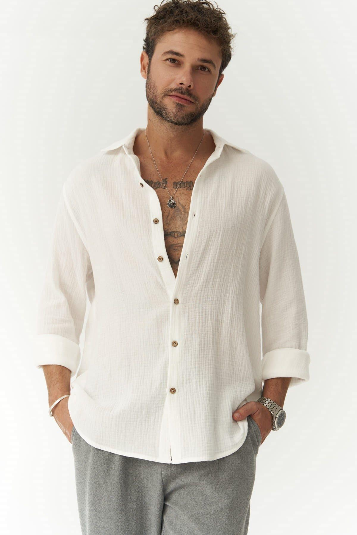 Herman Oversize Erkek Beyaz Müslin Gömlek