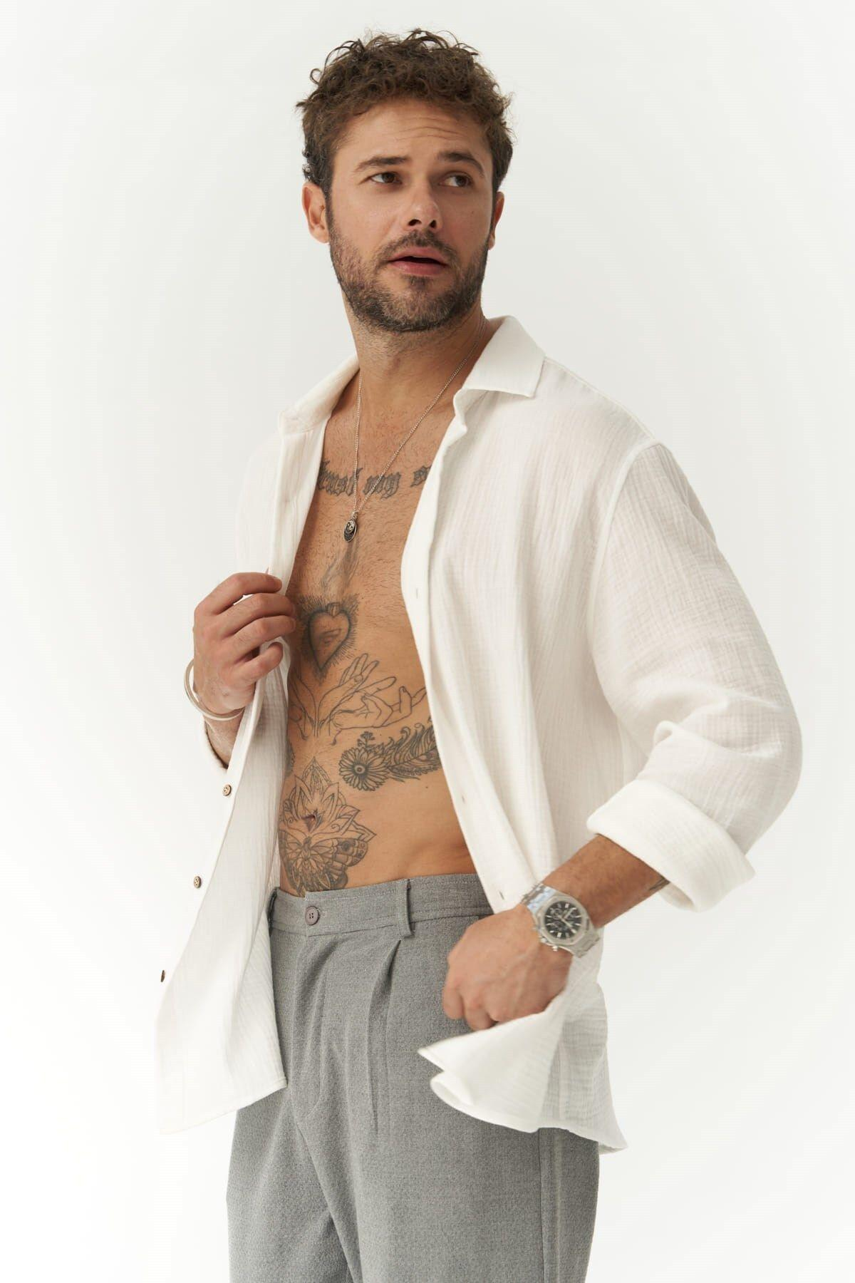 Herman Oversize Erkek Beyaz Müslin Gömlek