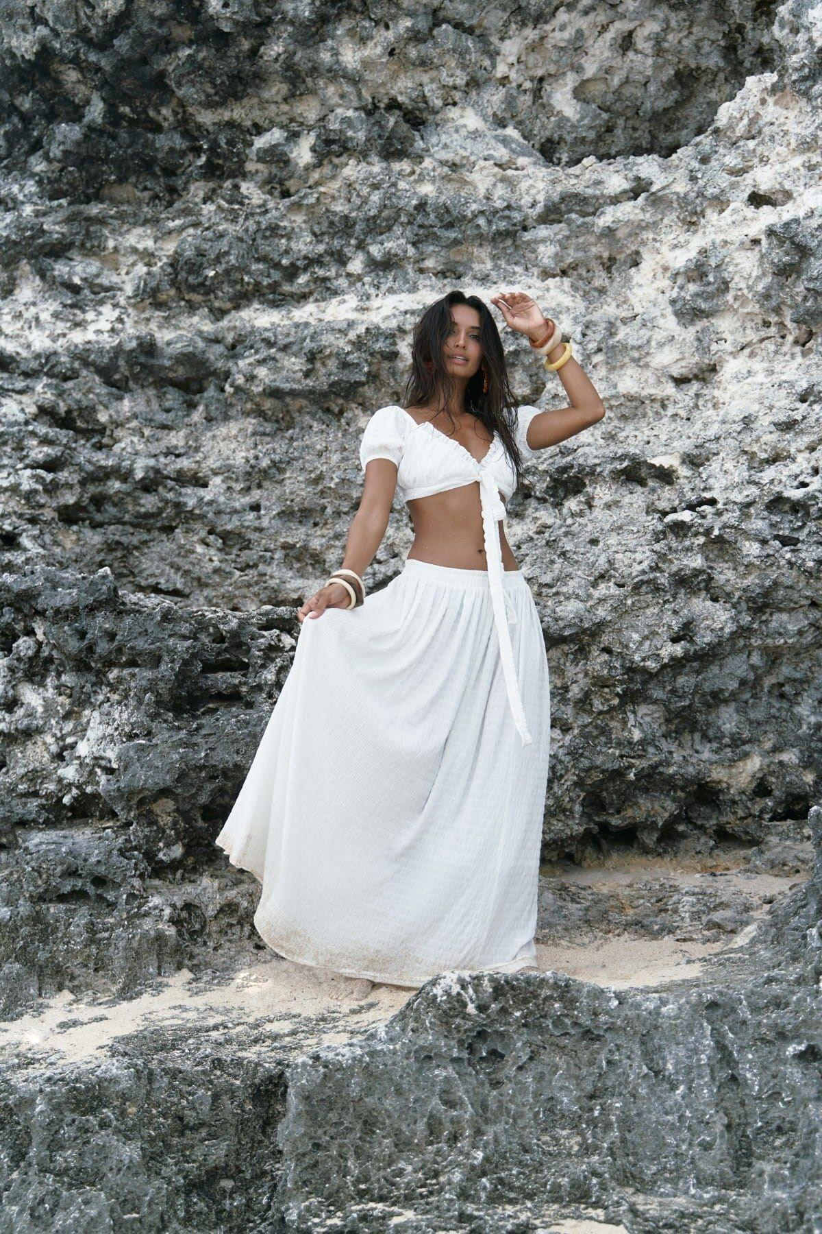 Indriya White Crop And Skirt Set