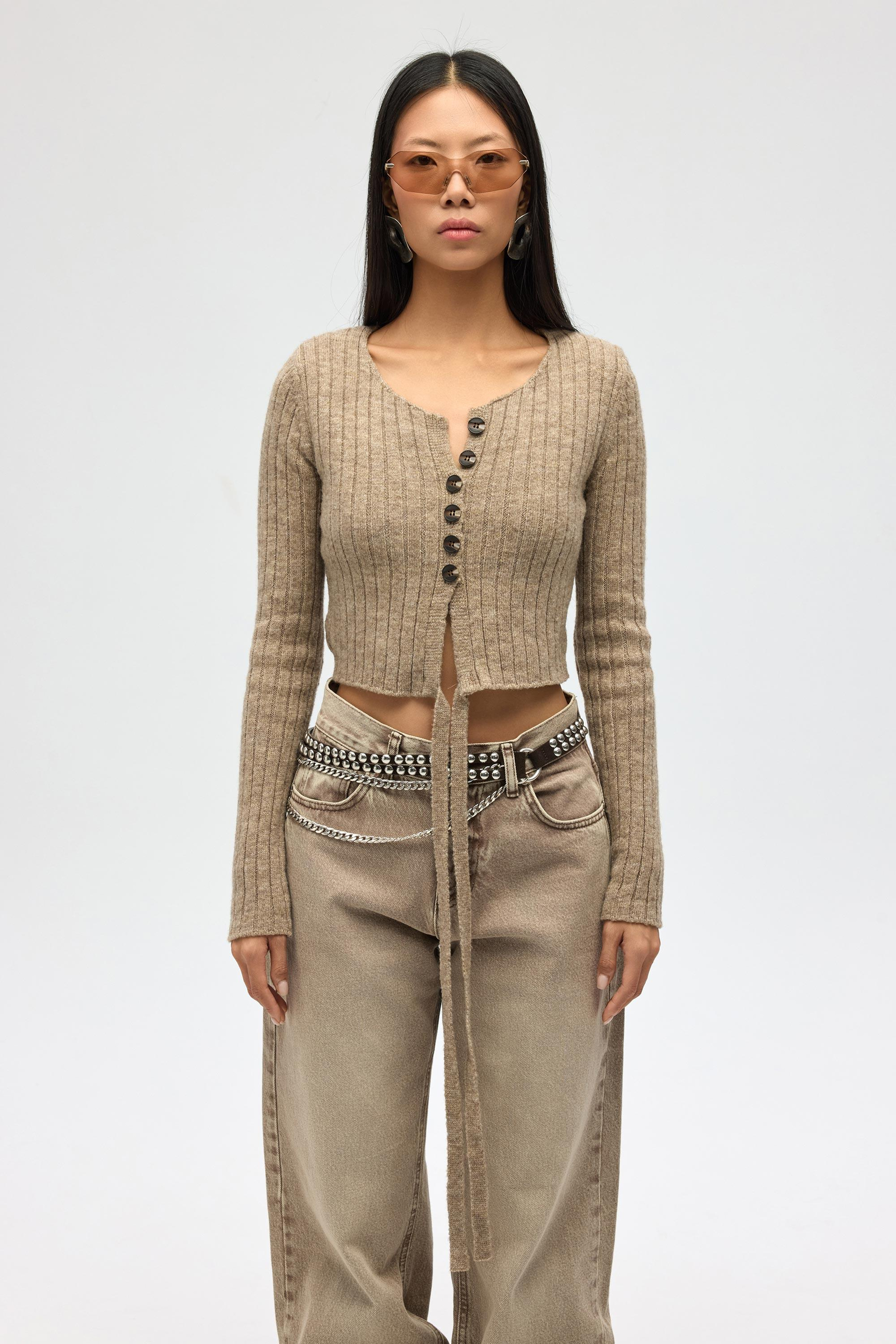 Isador Vatkalı Vizon Crop Triko Hırka