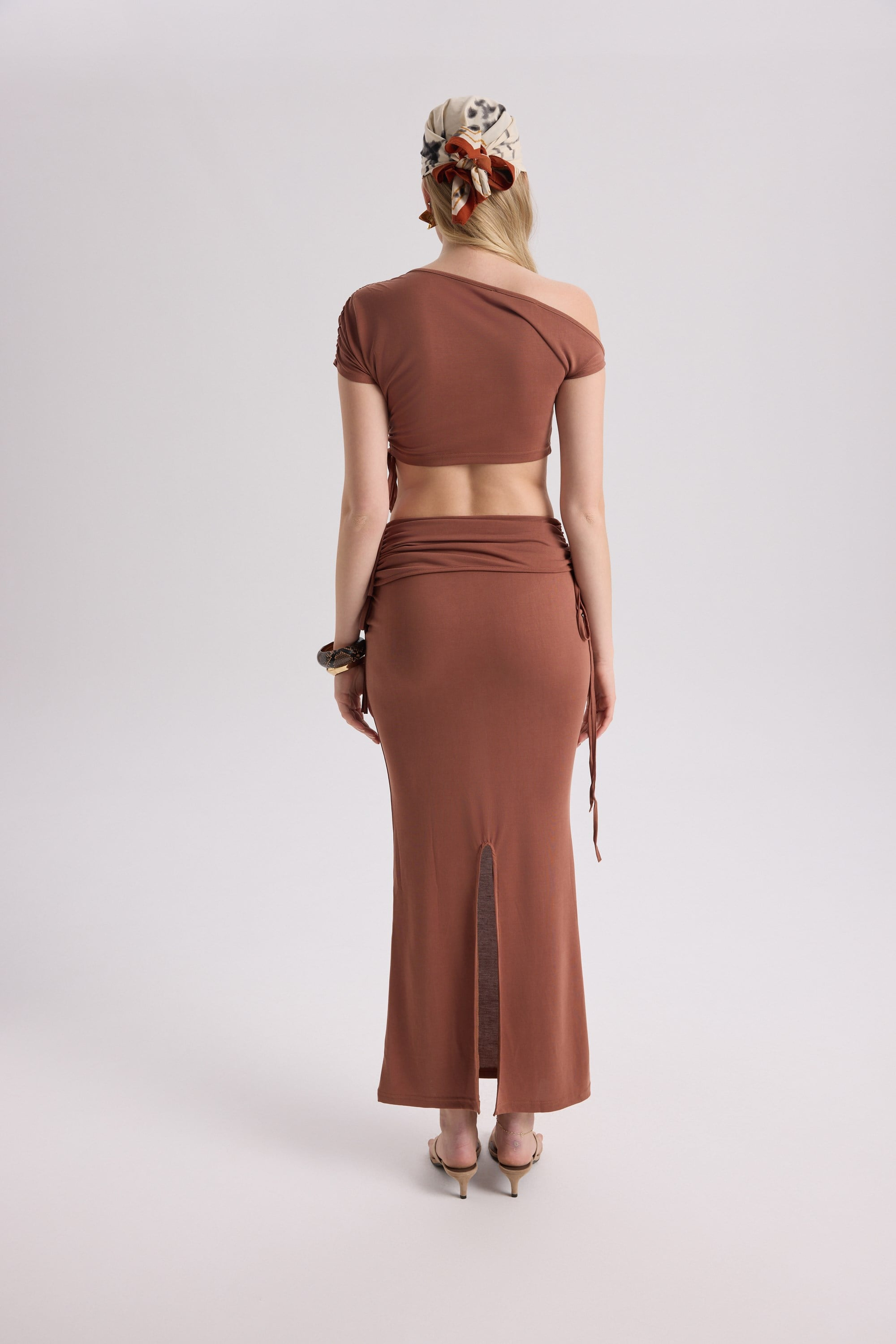 Ivan Ruched Brown Crop Skirt Set
