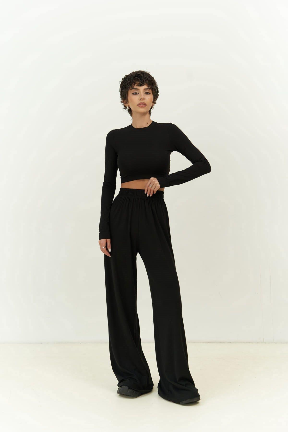 Jany Long Sleeve Black Crop & Pants Set