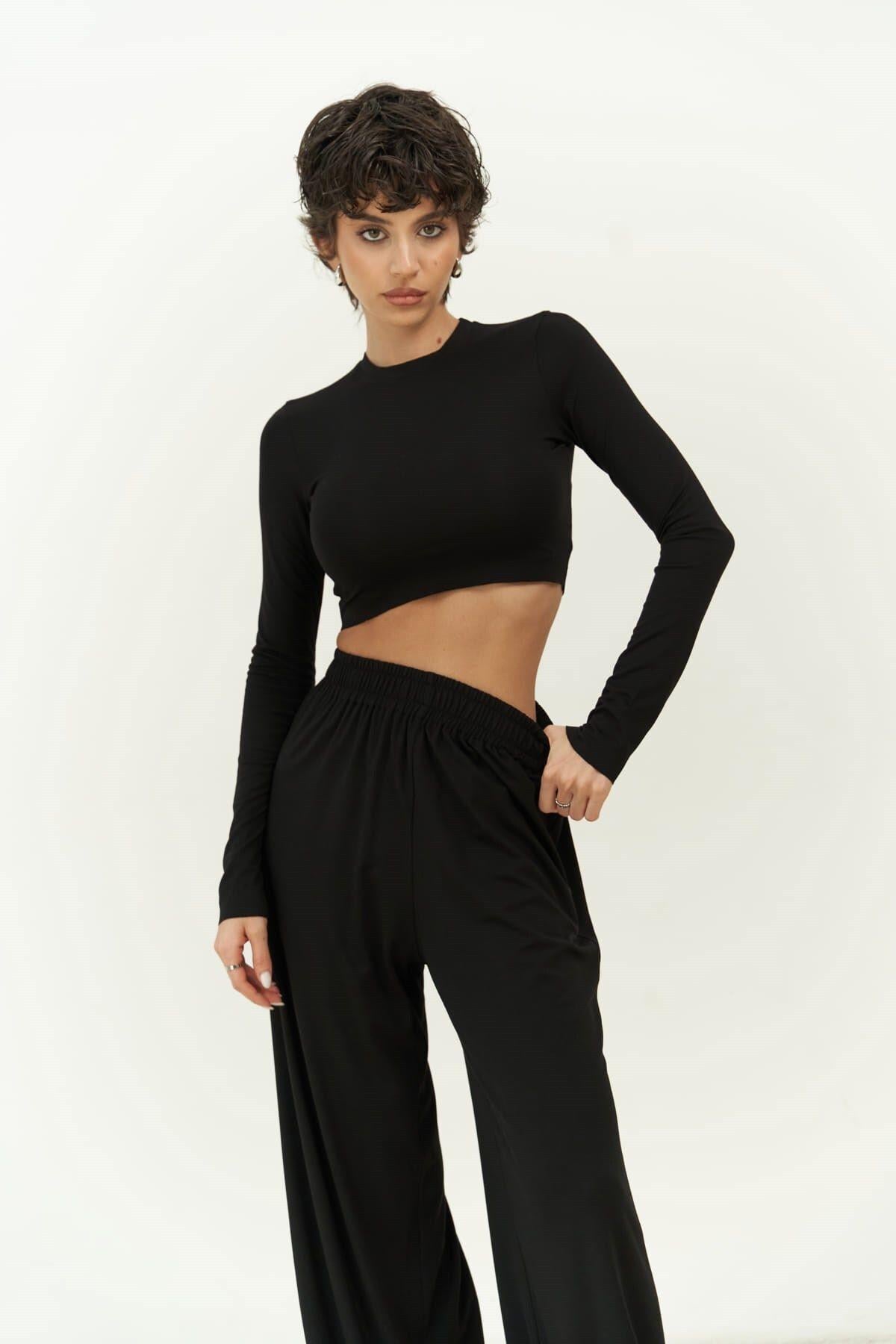 Jany Long Sleeve Black Crop & Pants Set
