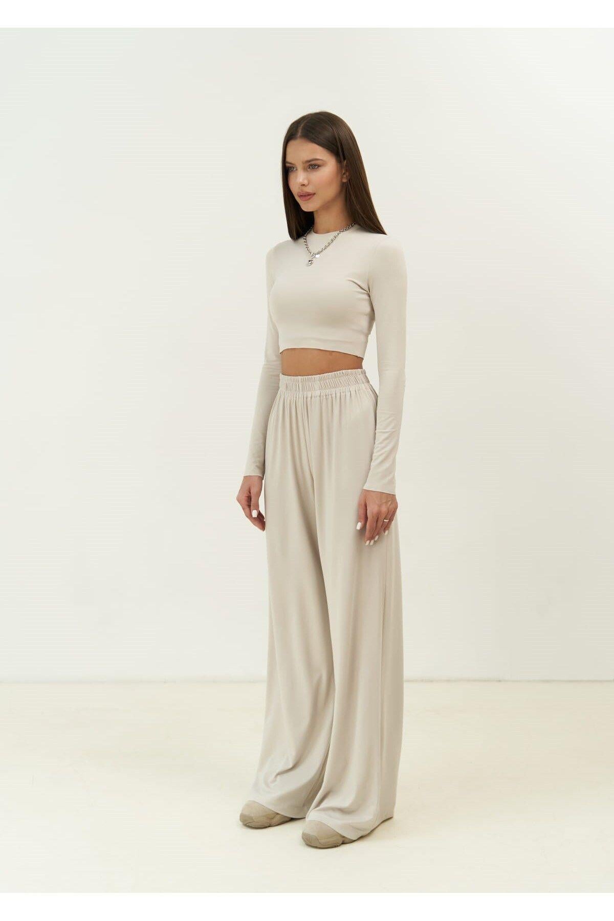 Jany Uzun Kollu Taş Crop Pantolon Takım