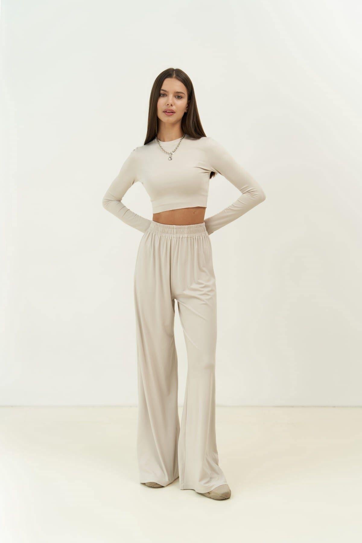 Jany Uzun Kollu Taş Crop Pantolon Takım