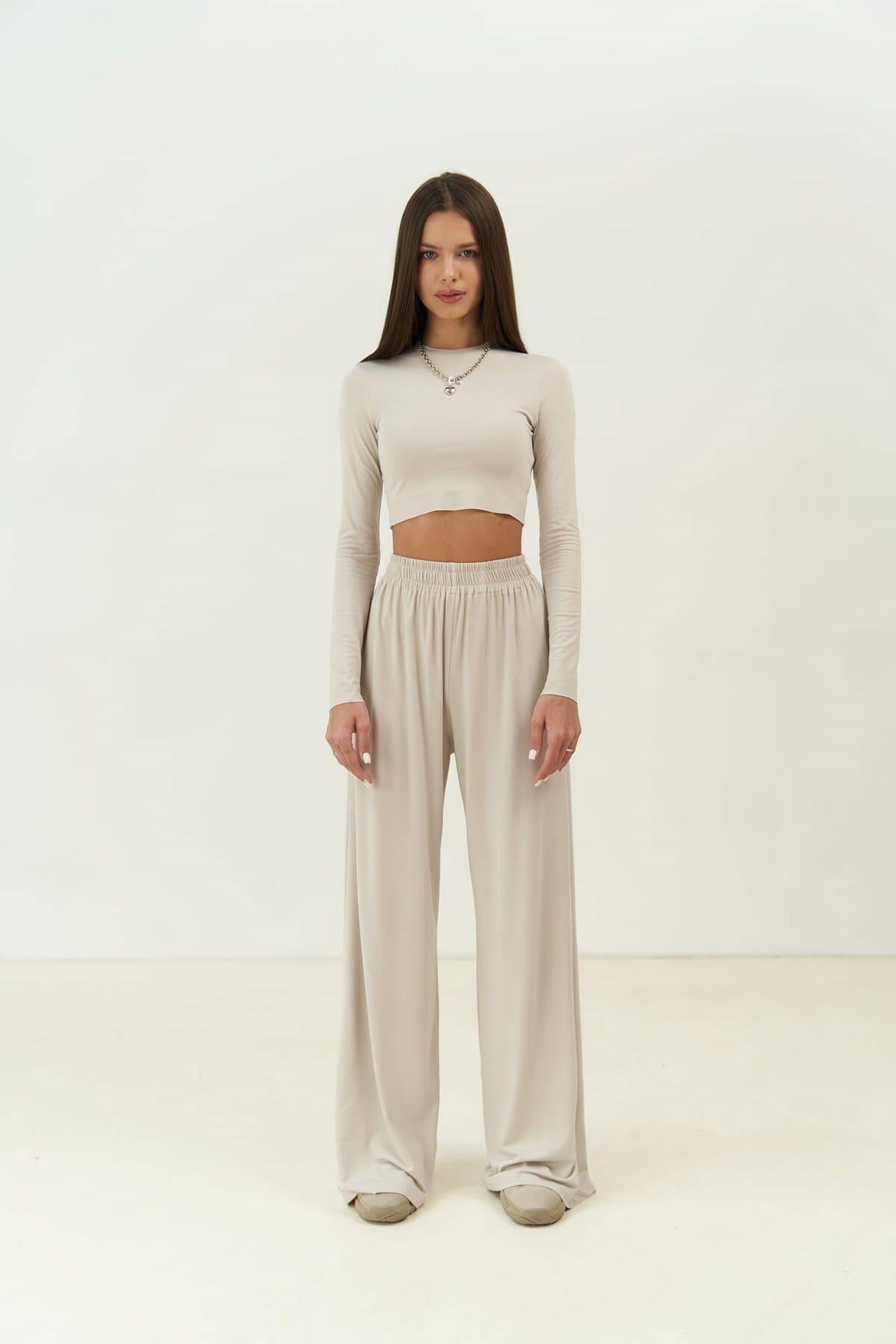 Jany Uzun Kollu Taş Crop Pantolon Takım