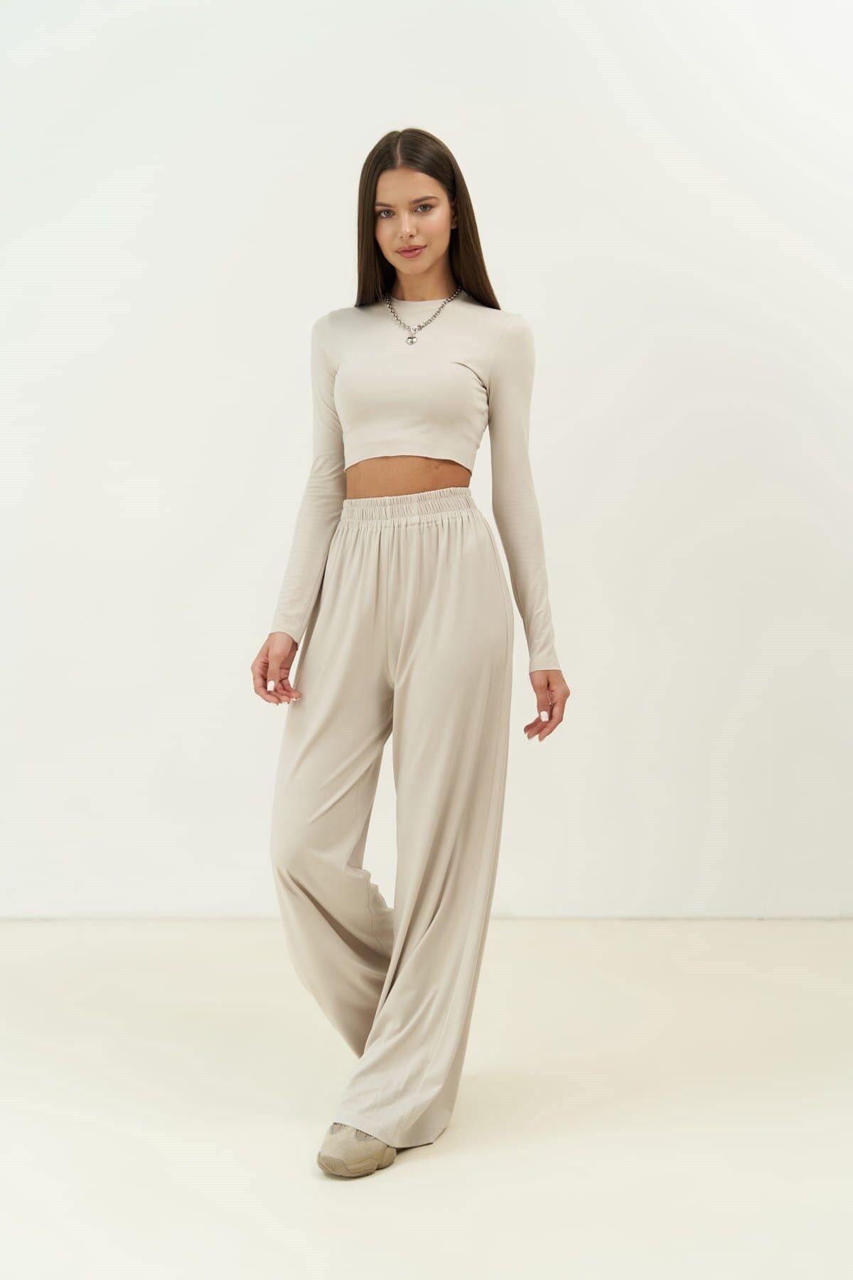 Jany Uzun Kollu Taş Crop Pantolon Takım