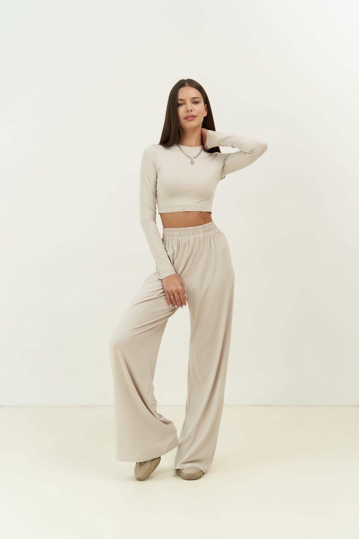 Jany Uzun Kollu Taş Crop Pantolon Takım