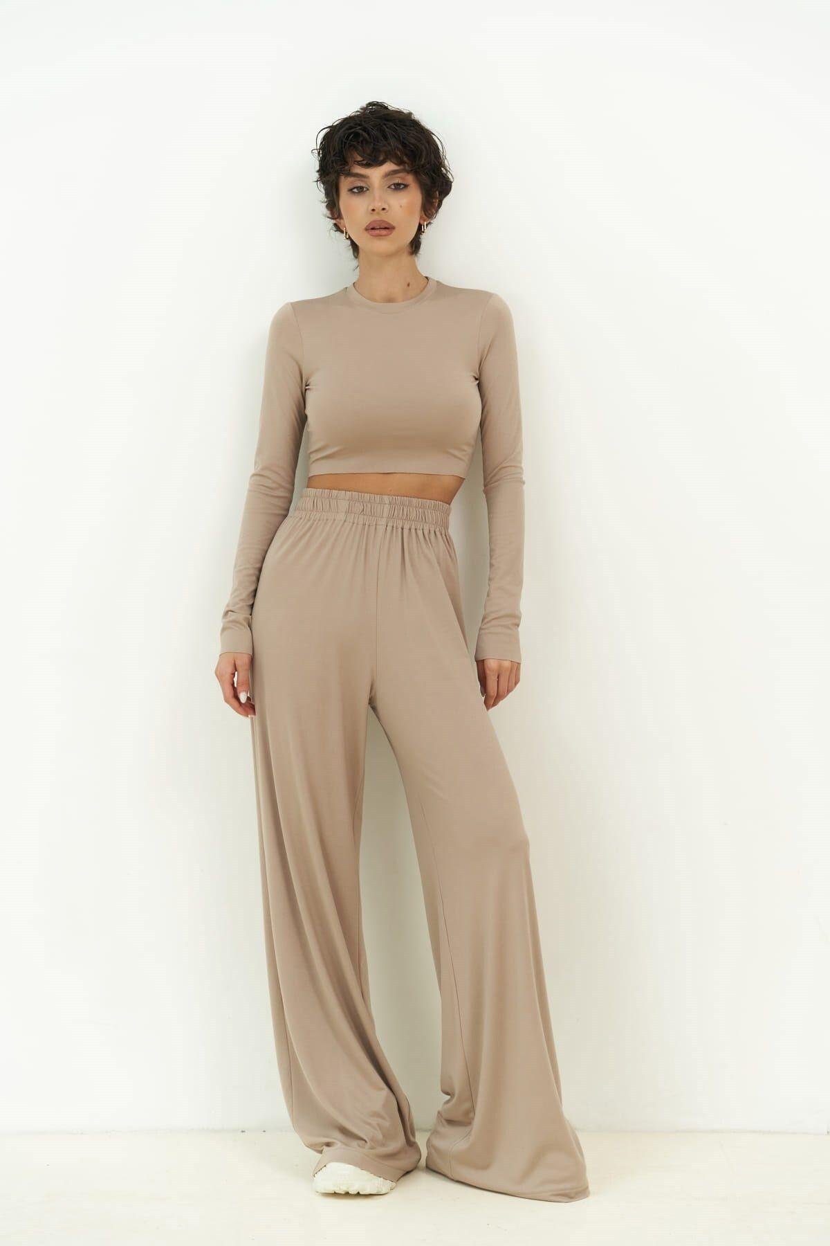 Jany Uzun Kollu Vizon Crop Pantolon Takım