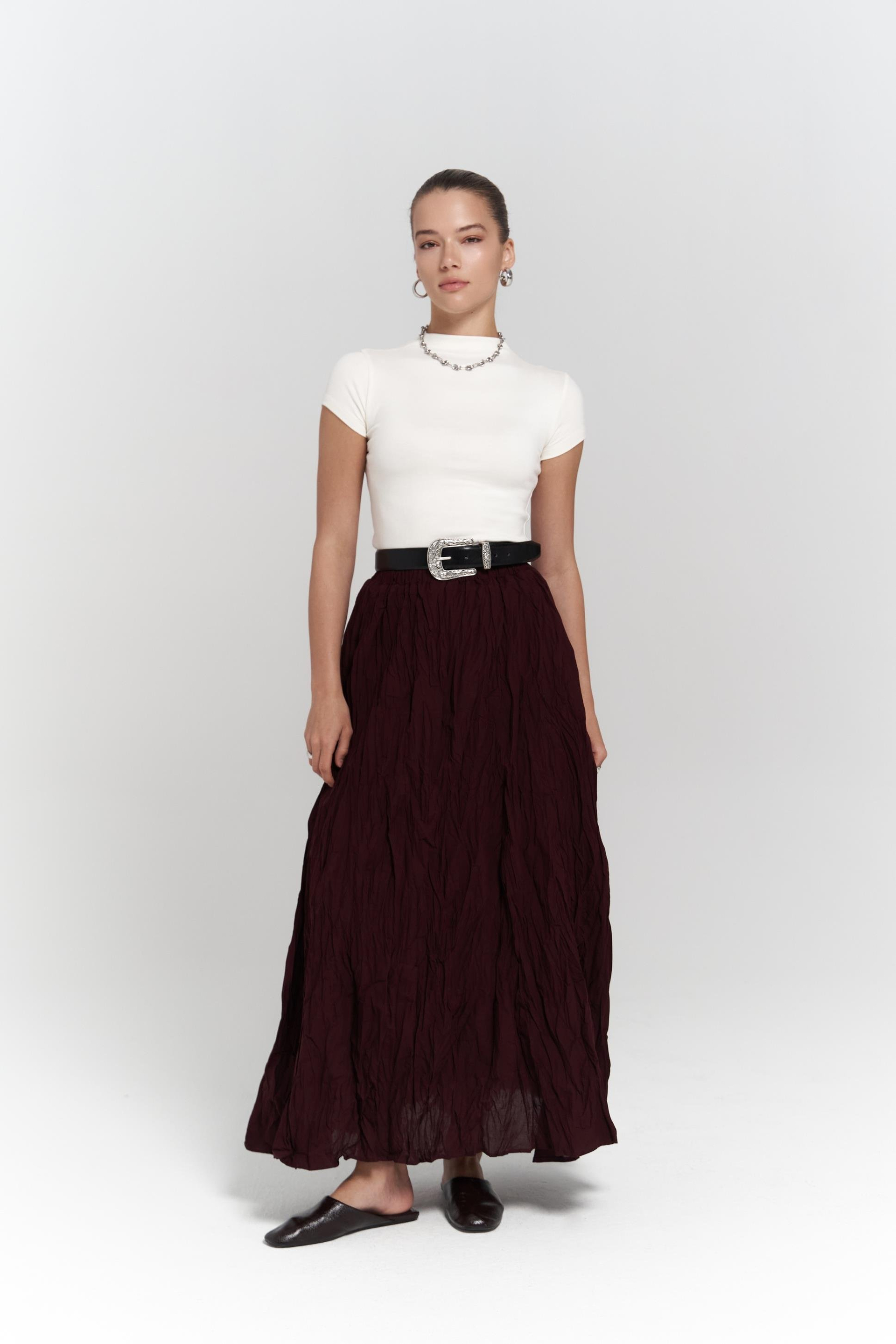 Jayla Kırışık Detay Uzun Bordo Etek