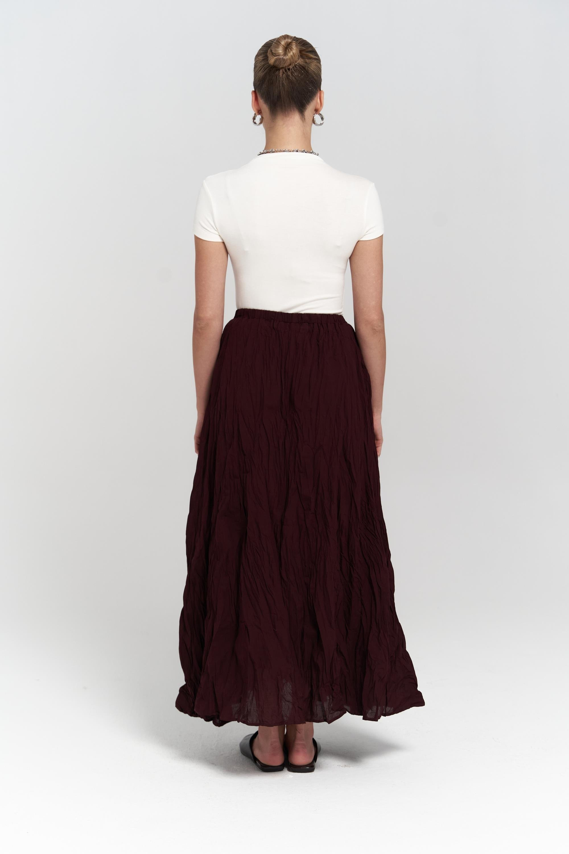 Jayla Kırışık Detay Uzun Bordo Etek