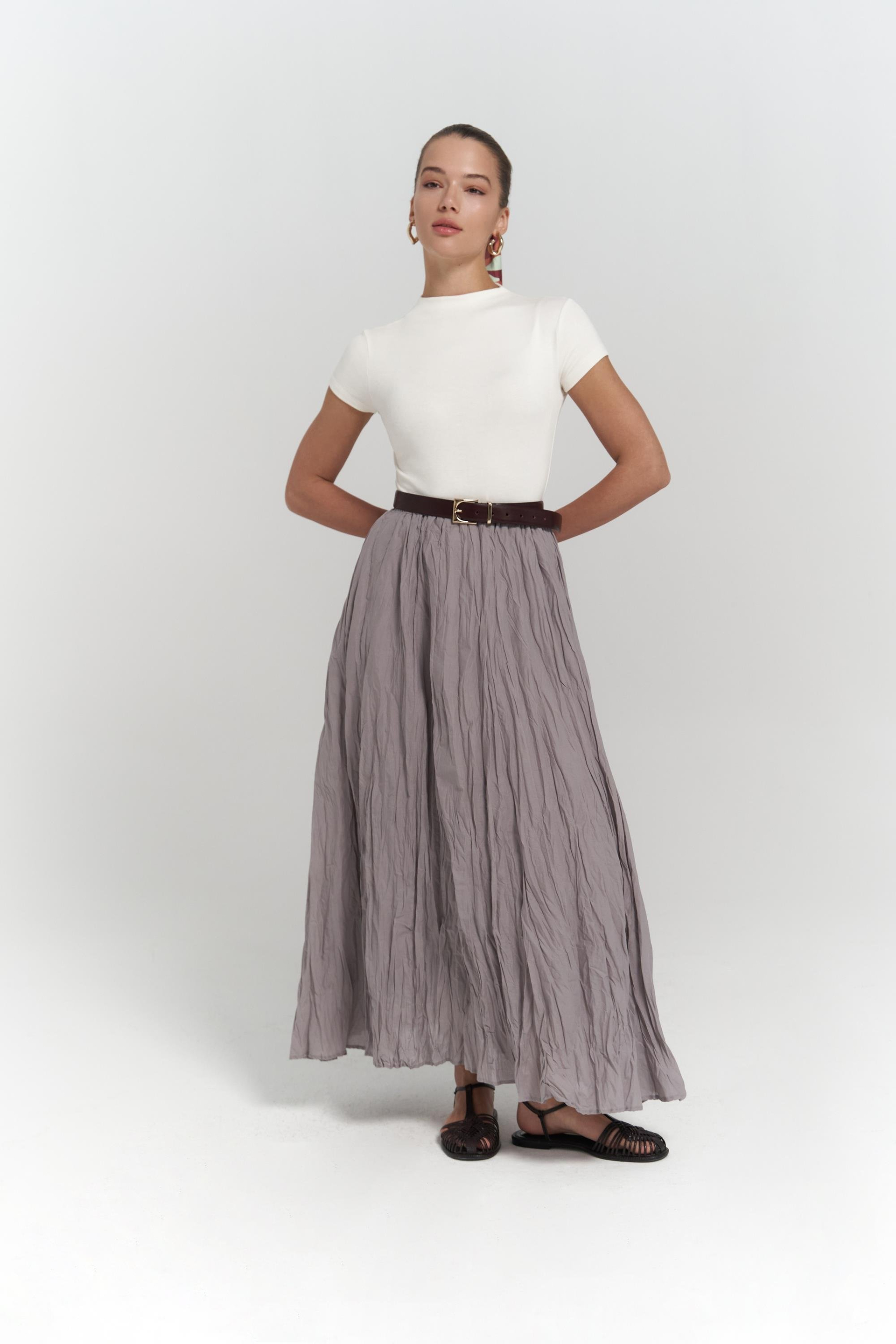 Jayla Kırışık Detay Uzun Gri Etek