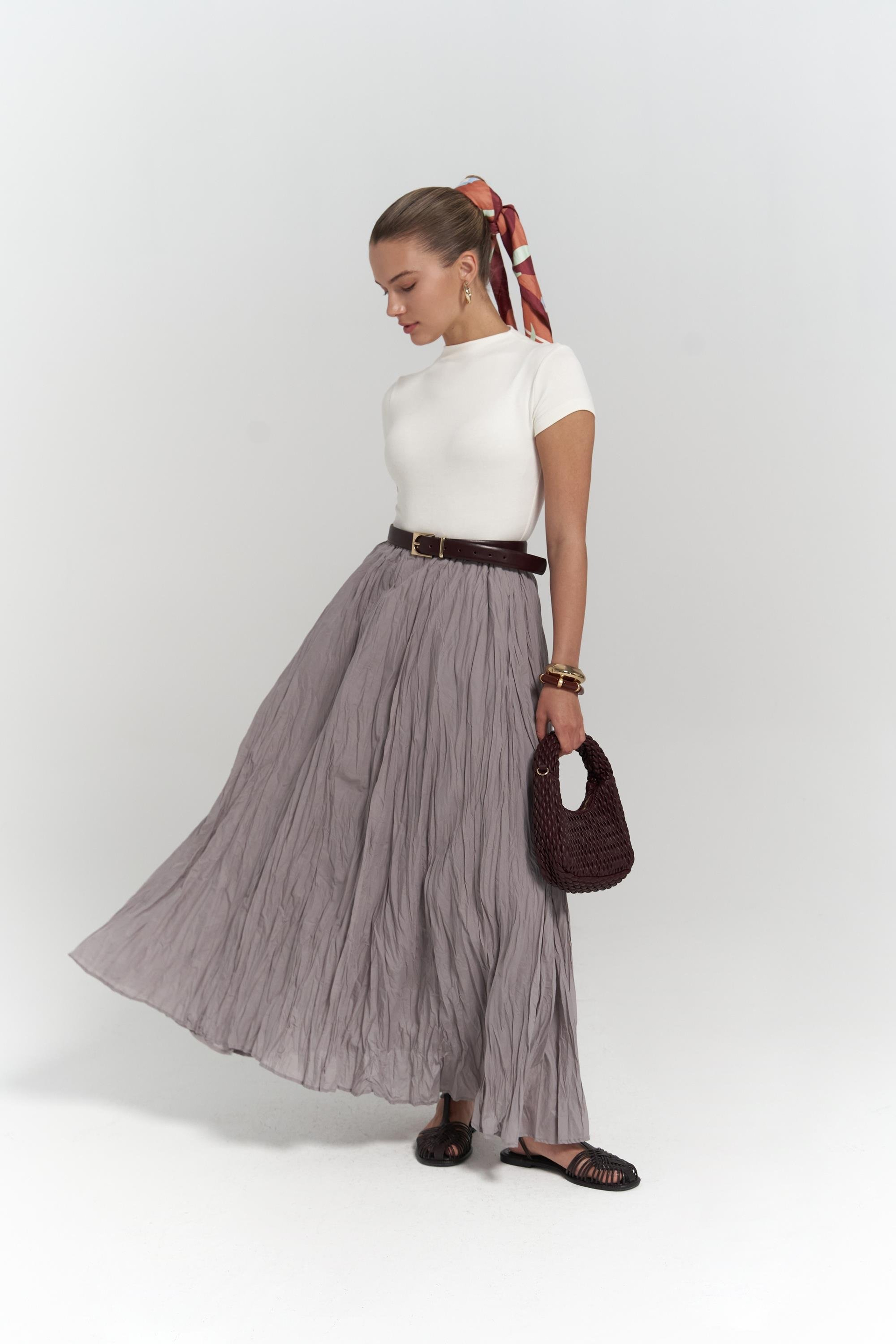 Jayla Kırışık Detay Uzun Gri Etek