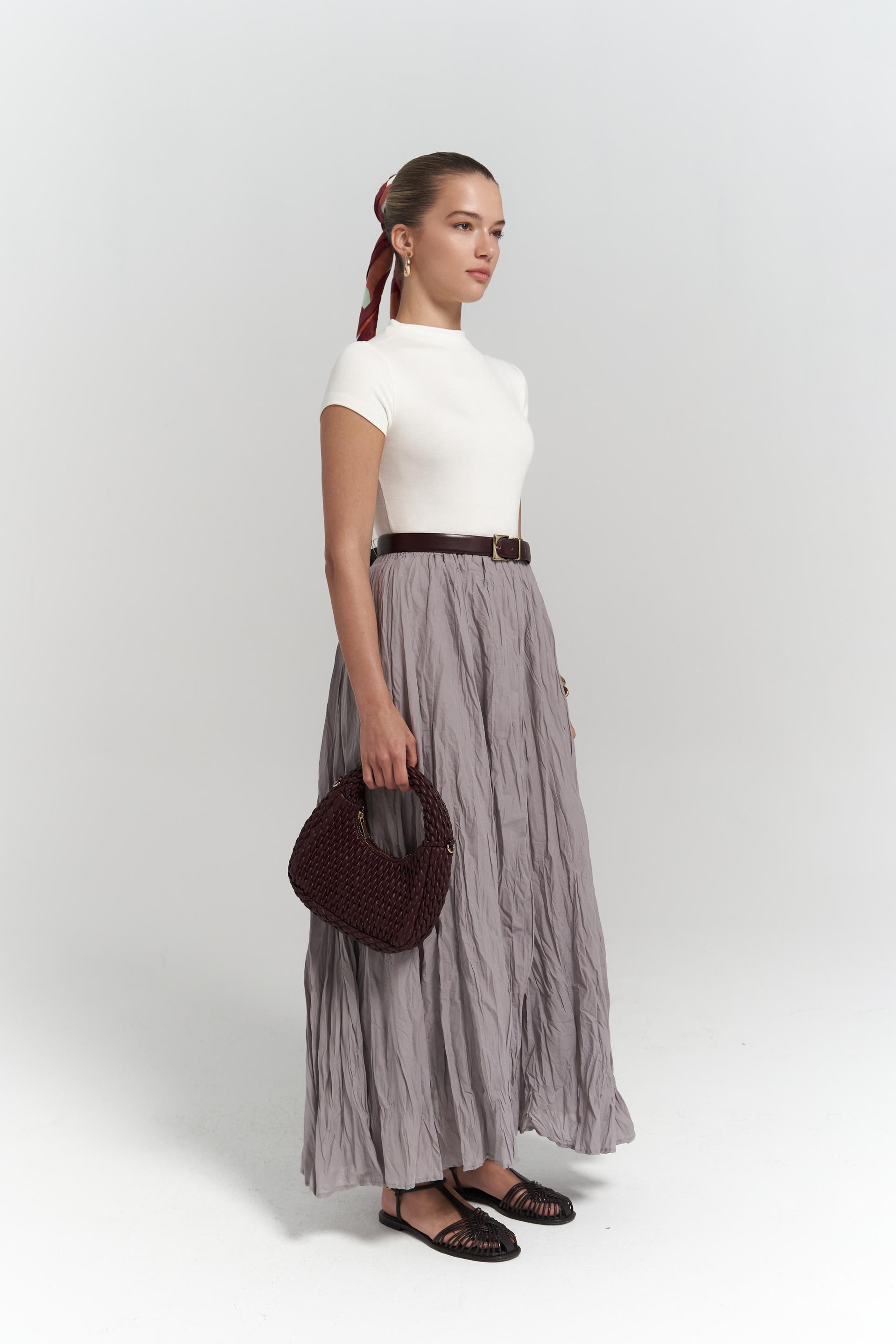 Jayla Kırışık Detay Uzun Gri Etek