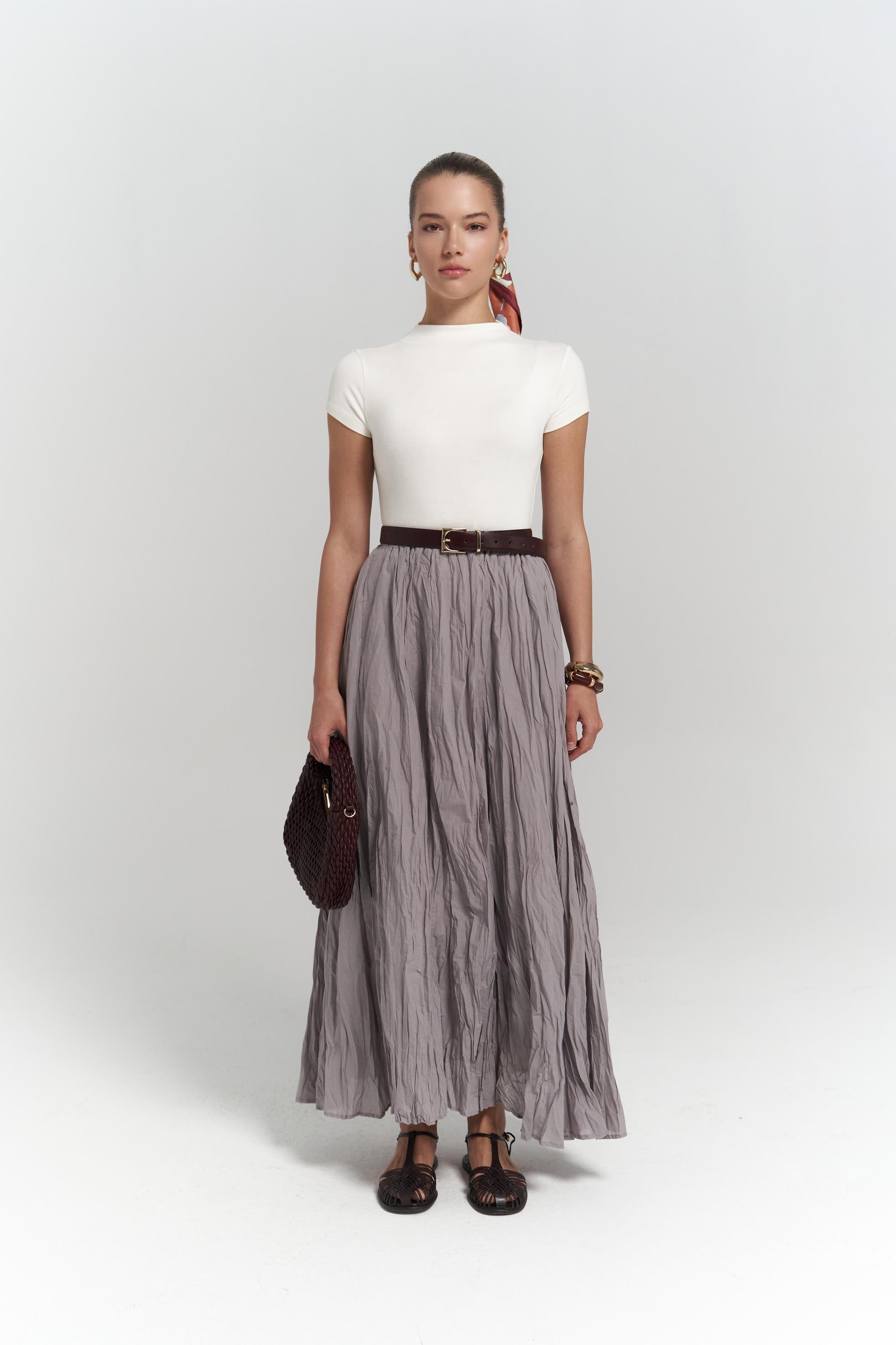 Jayla Kırışık Detay Uzun Gri Etek