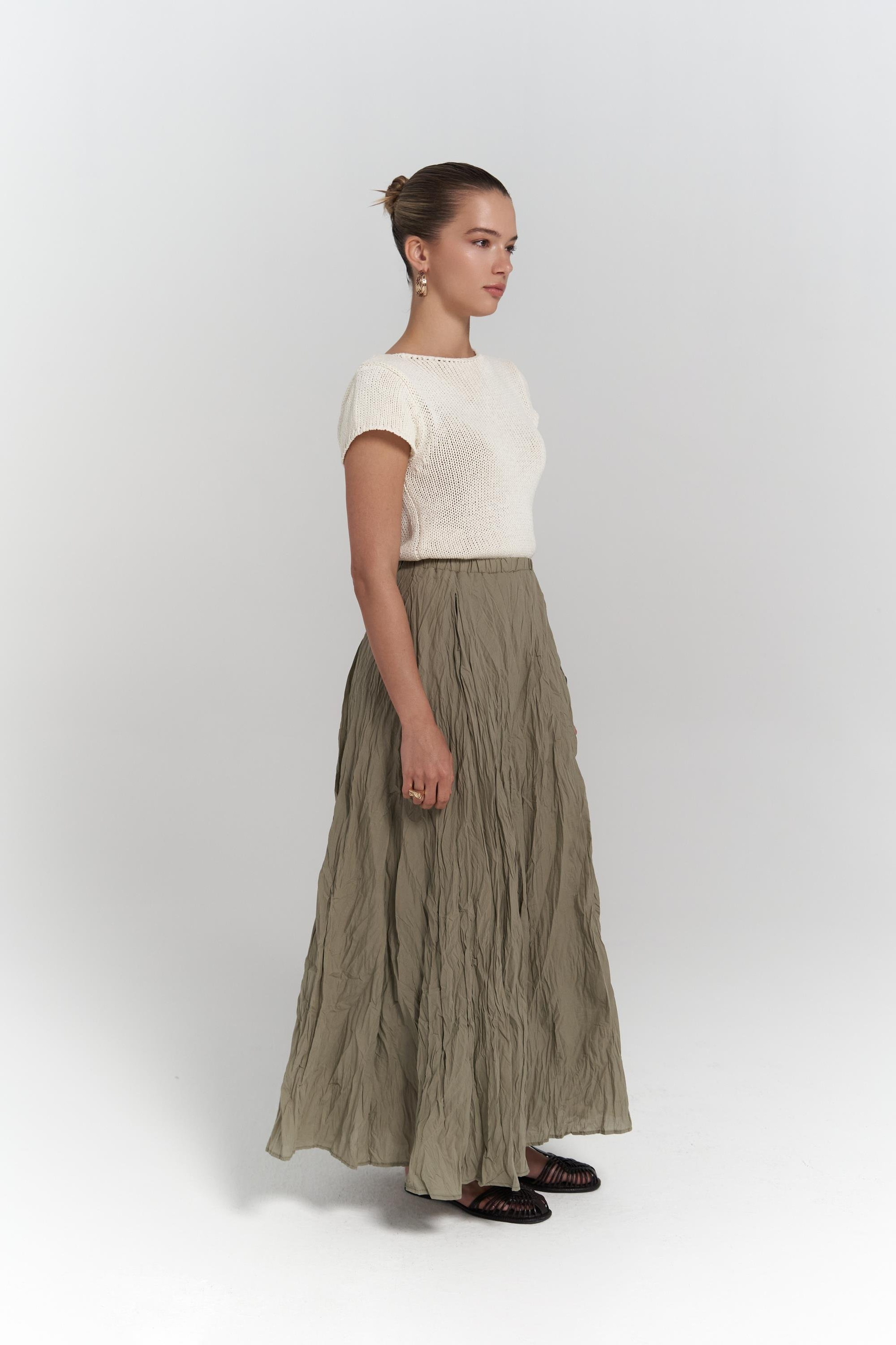 Jayla Kırışık Detay Uzun Haki Etek