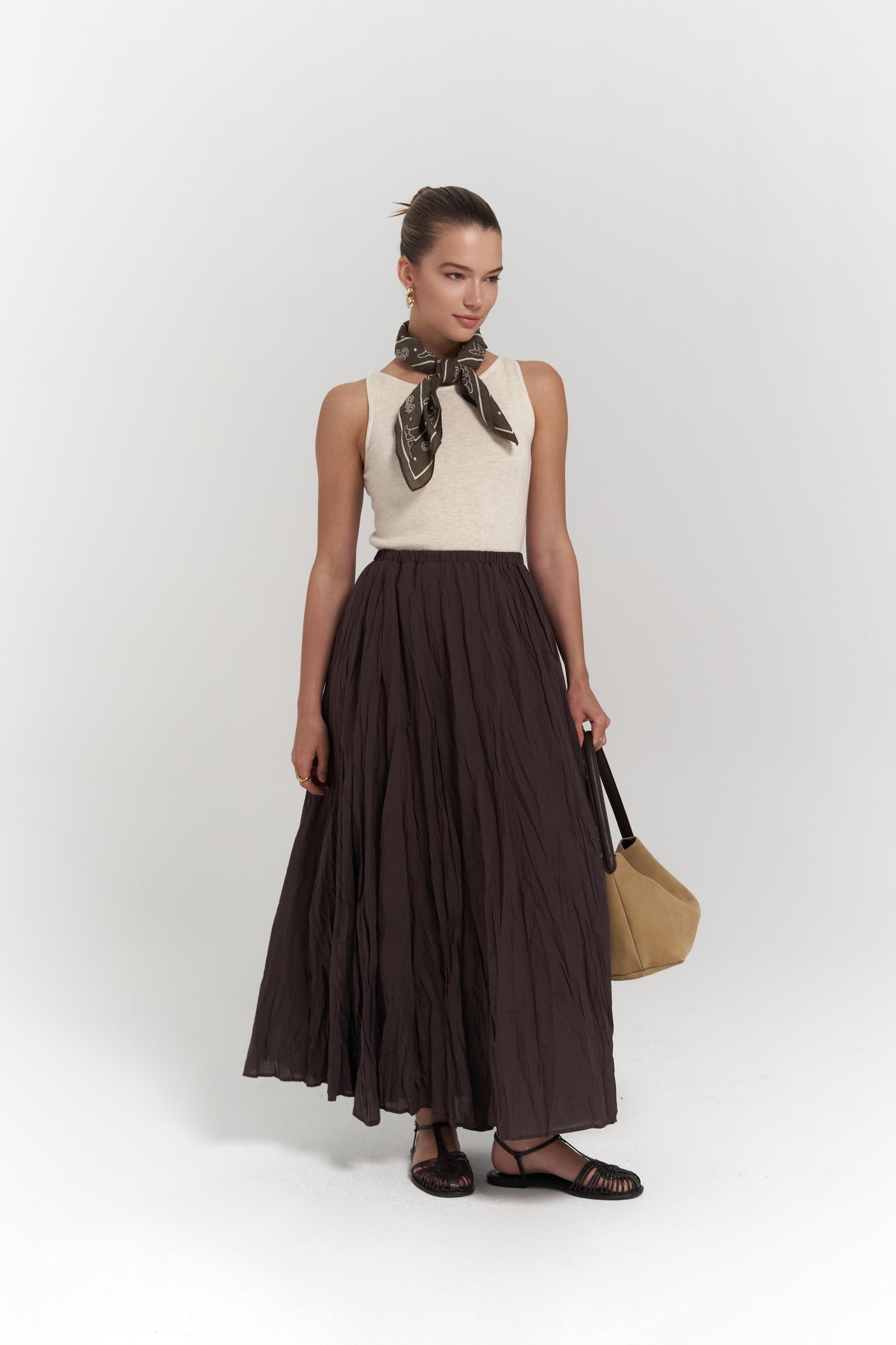 Jayla Kırışık Detay Uzun Kahve Etek