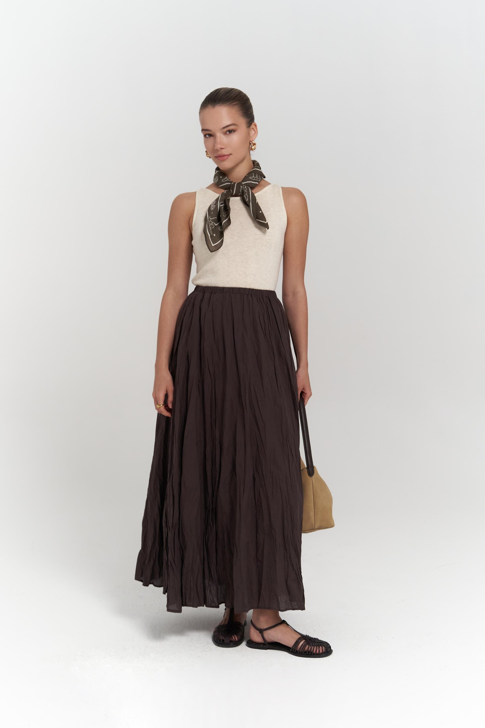 Jayla Kırışık Detay Uzun Kahve Etek