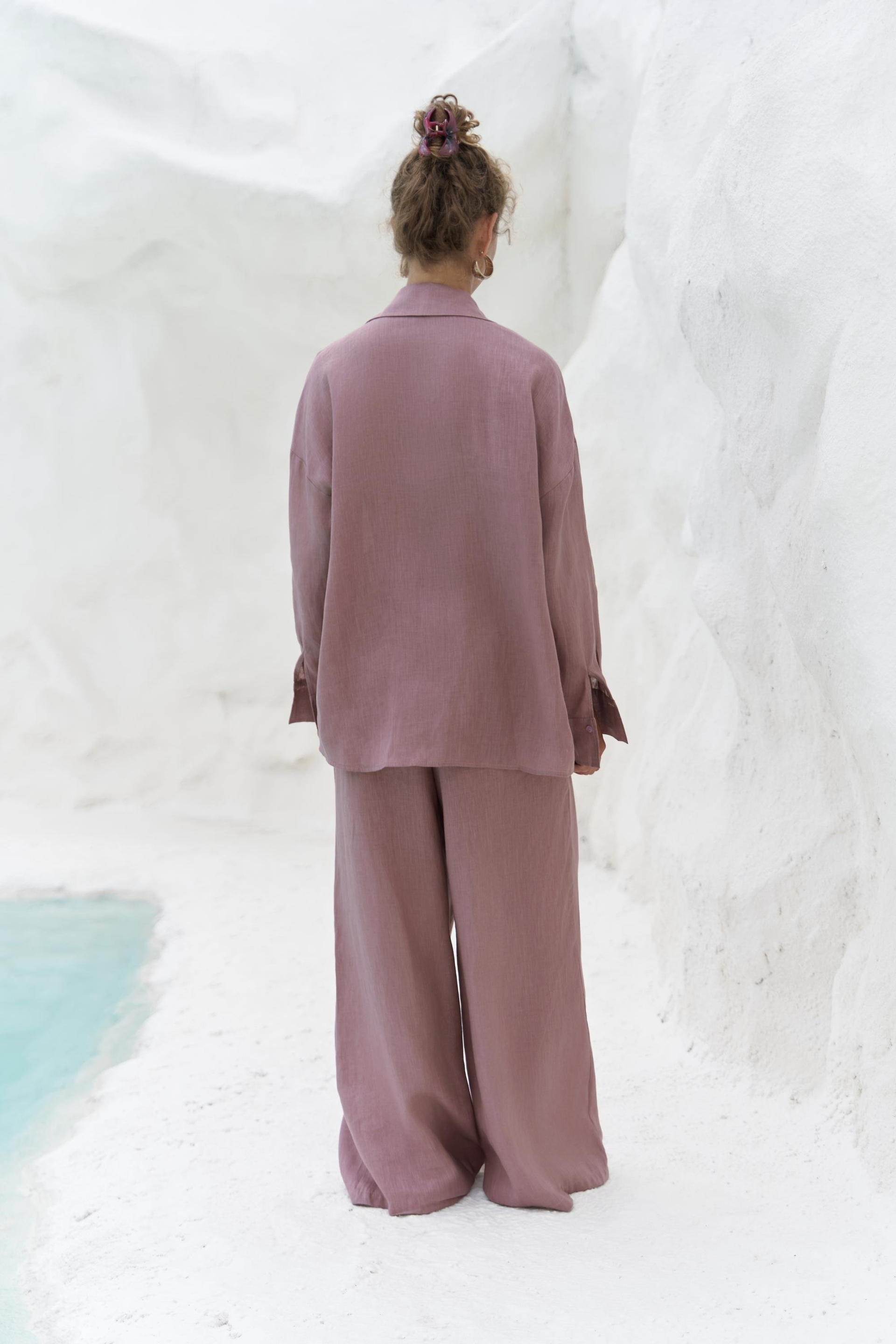 Jelsomina Oversize Açık Bordo Keten Gömlek Pantolon Takım