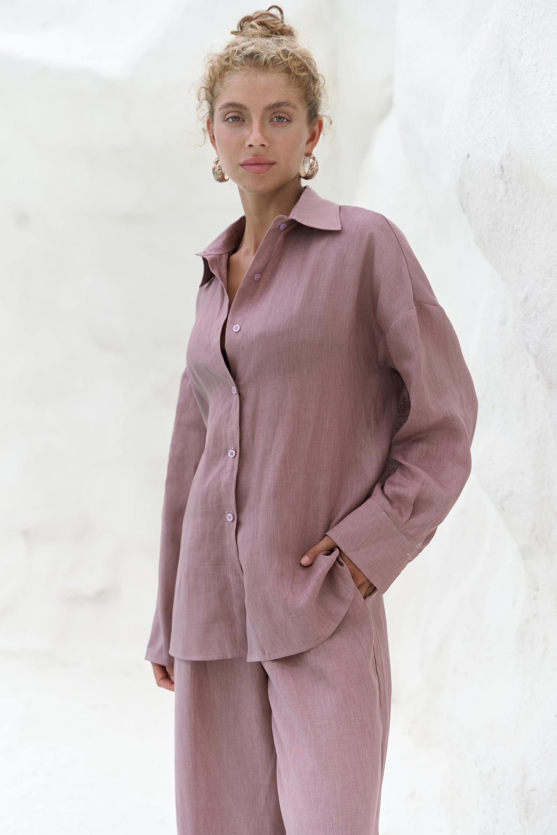 Jelsomina Oversize Açık Bordo Keten Gömlek Pantolon Takım