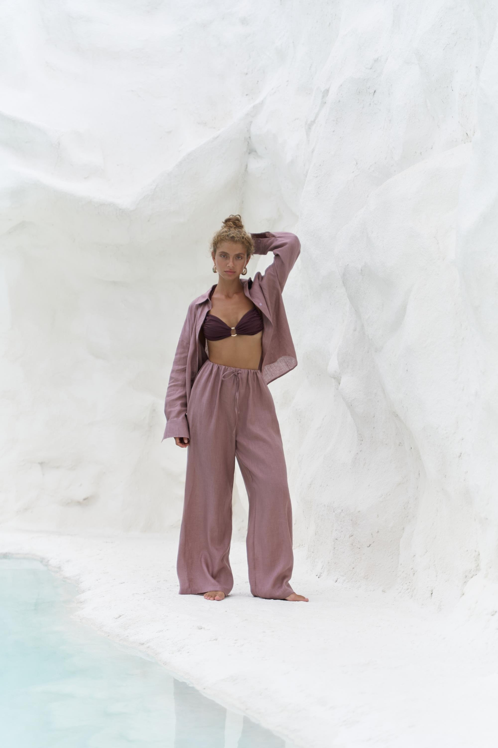 Jelsomina Oversize Açık Bordo Keten Gömlek Pantolon Takım