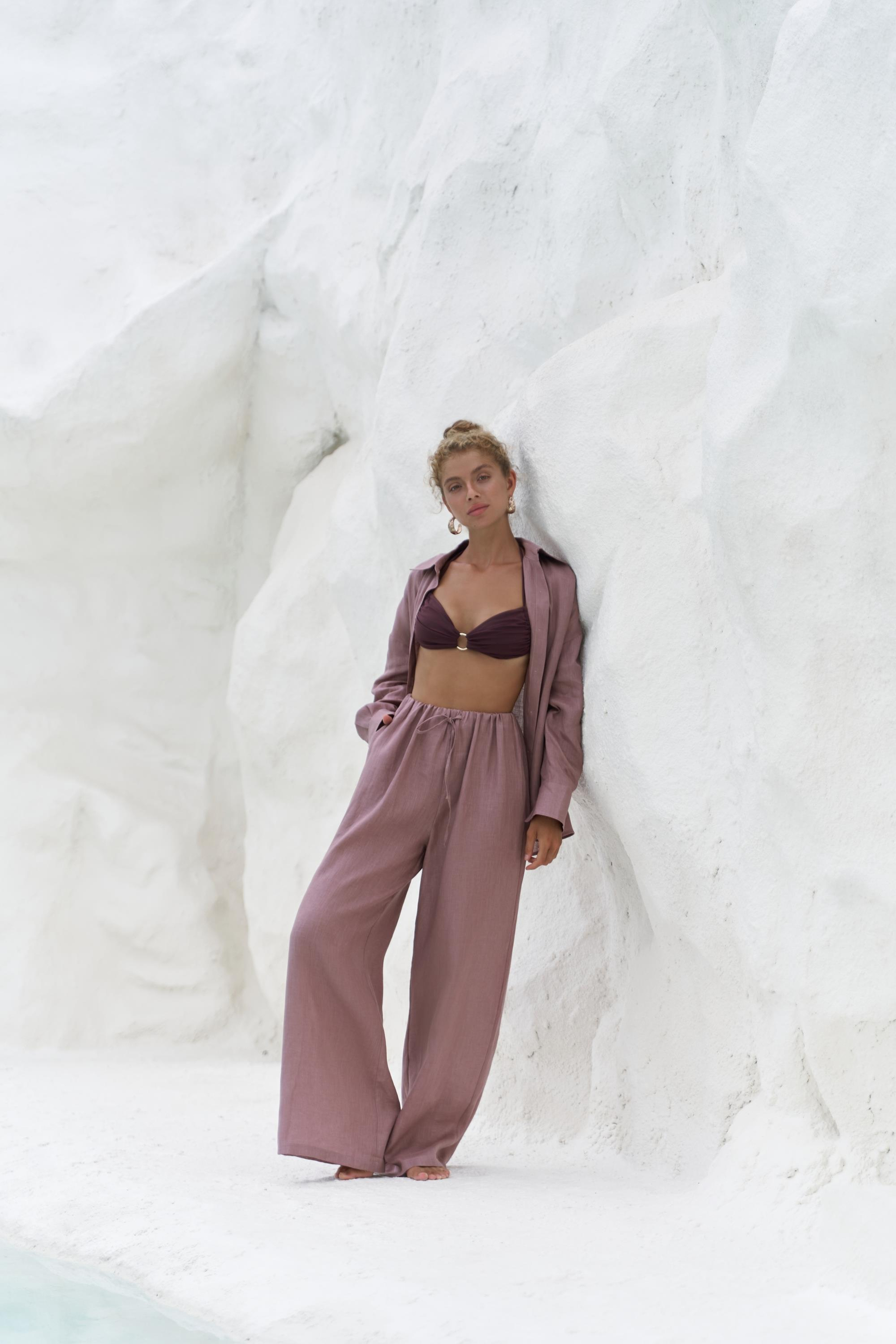 Jelsomina Oversize Açık Bordo Keten Gömlek Pantolon Takım