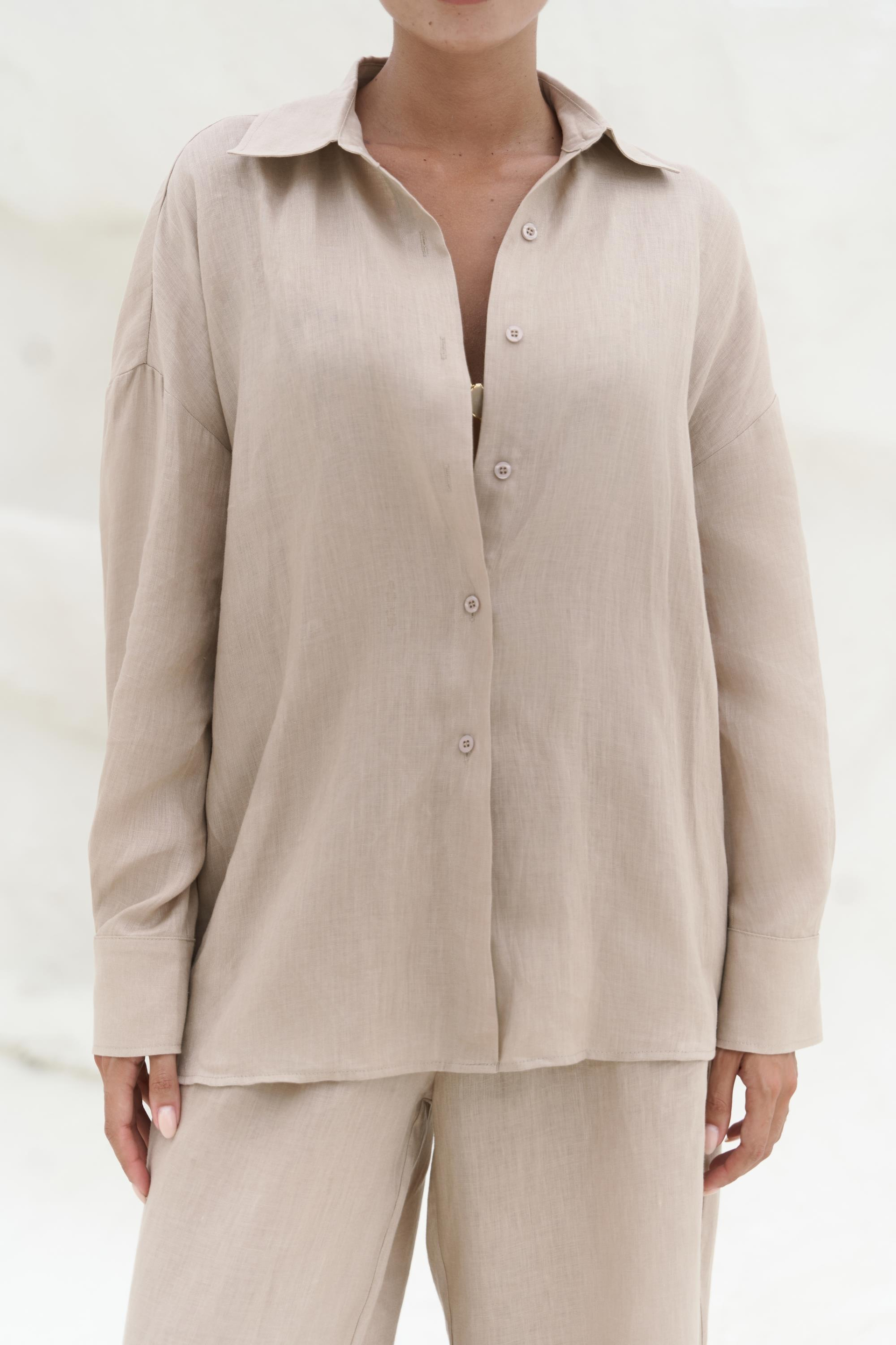 Jelsomina Oversize Bej Keten Gömlek Pantolon Takım