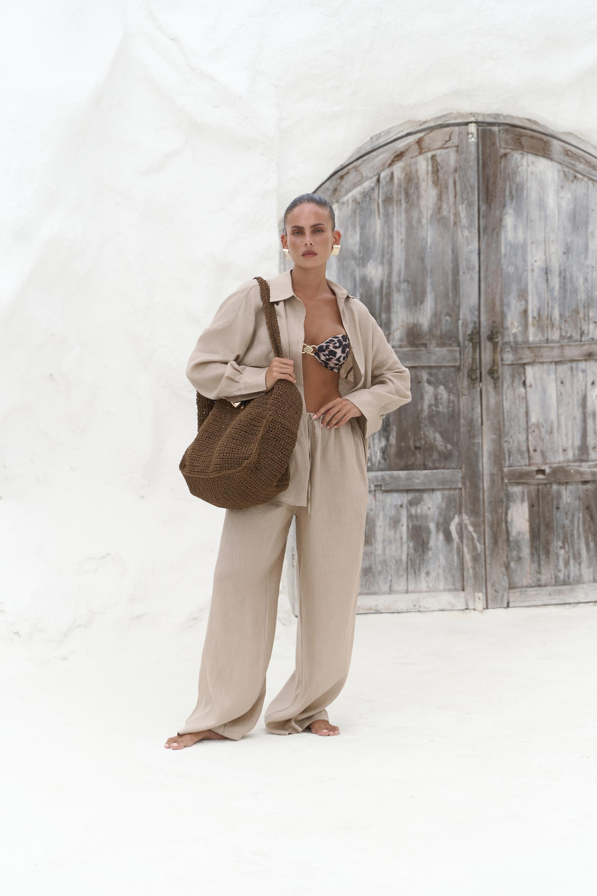 Jelsomina Oversize Bej Keten Gömlek Pantolon Takım