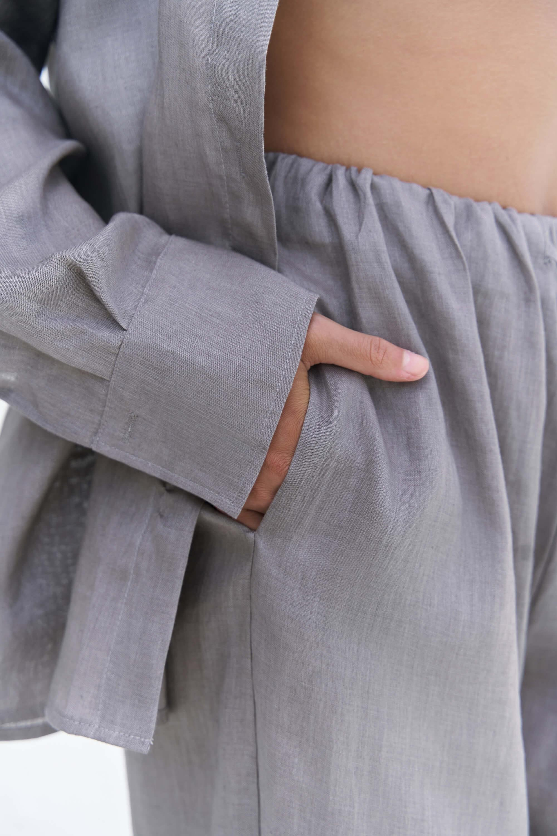 Jelsomina Oversize Füme Keten Gömlek Pantolon Takım