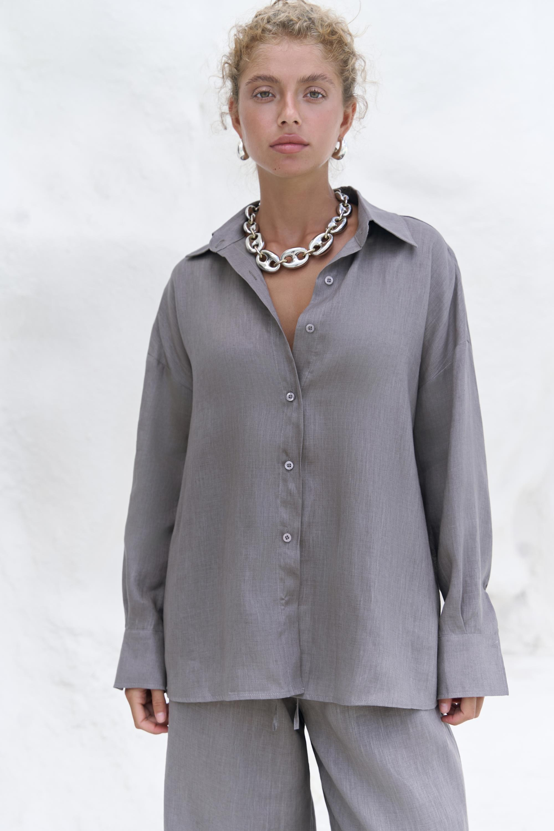 Jelsomina Oversize Füme Keten Gömlek Pantolon Takım