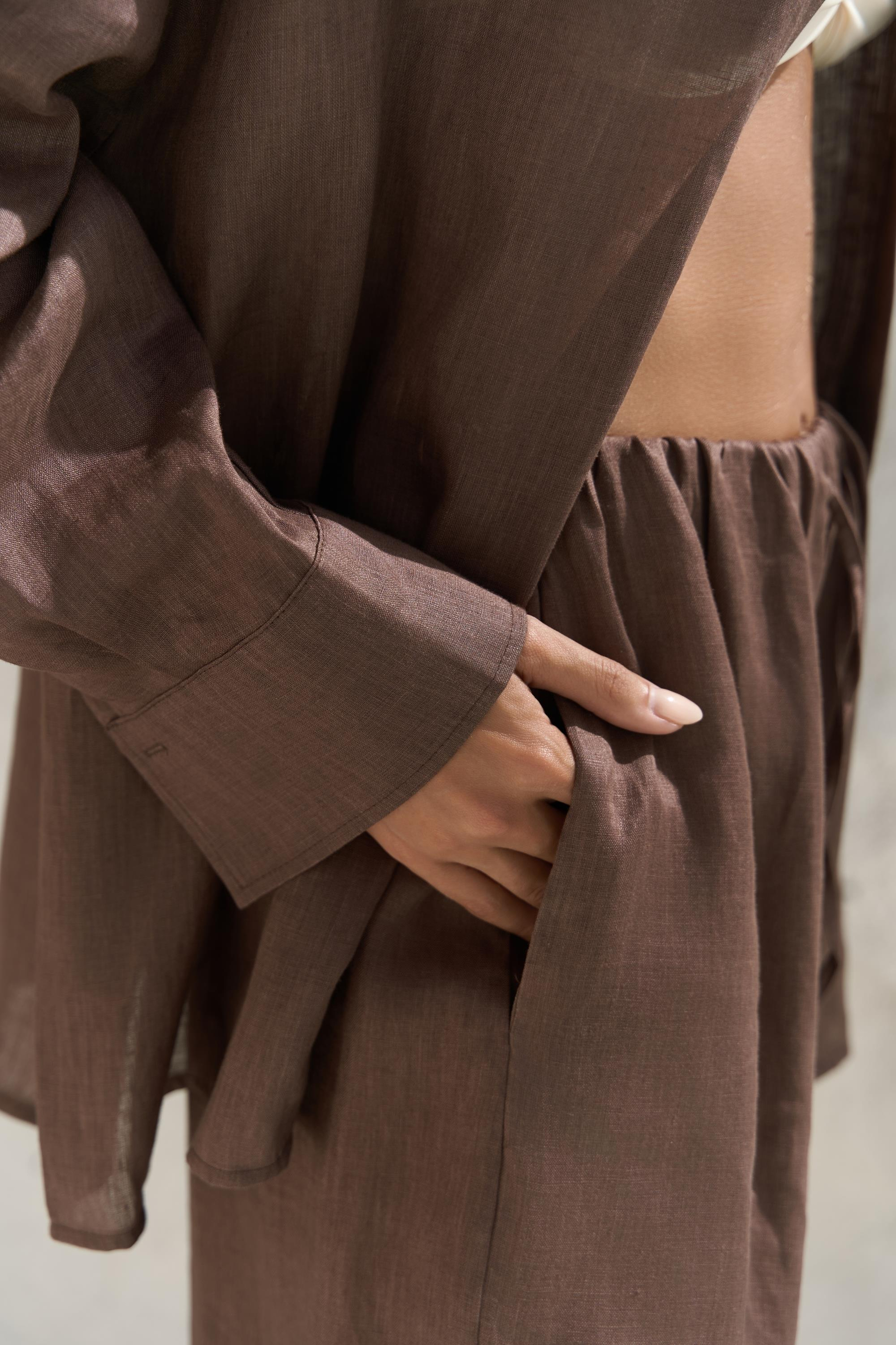 Jelsomina Oversize Kahve Keten Gömlek Pantolon Takım