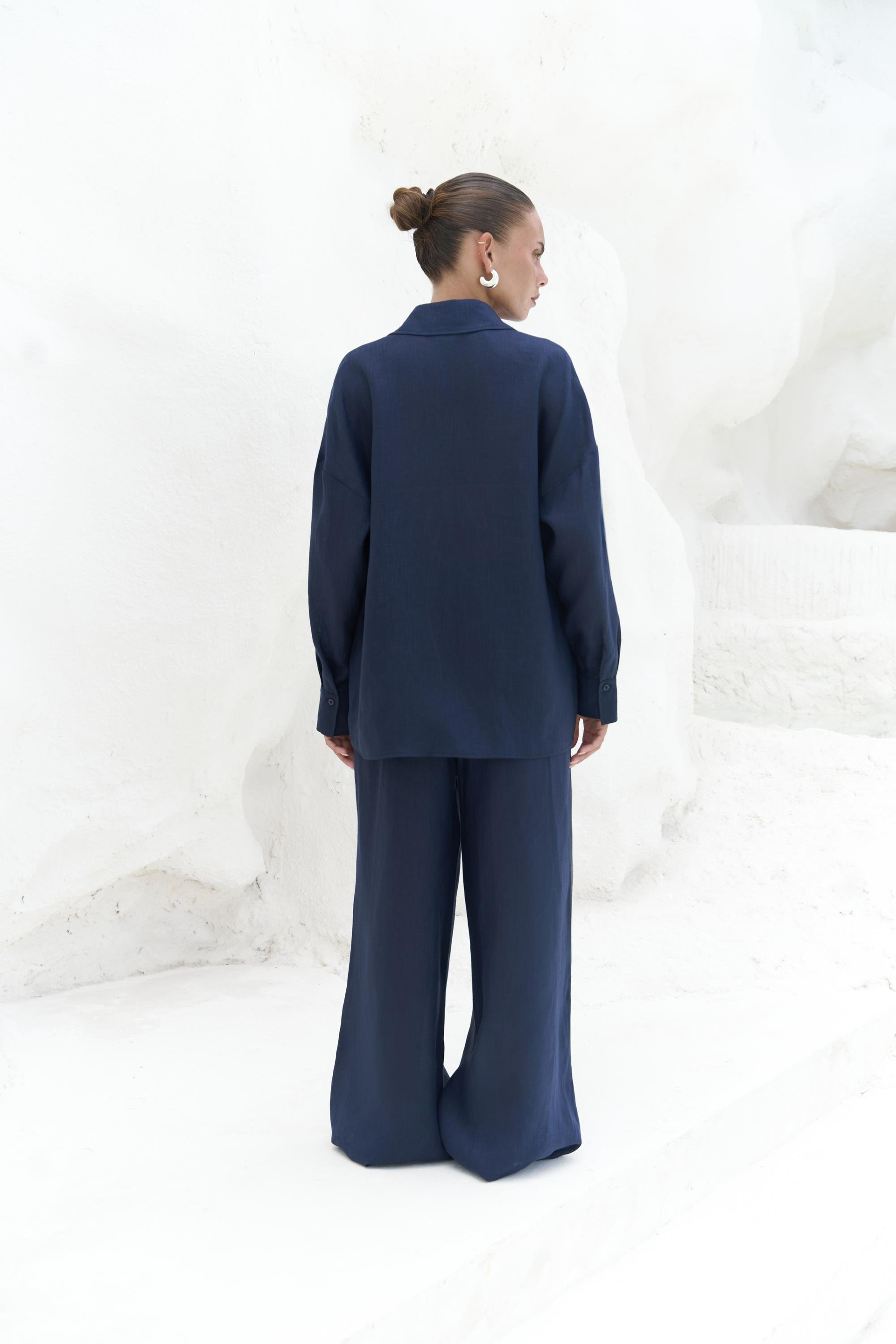 Jelsomina Oversize Lacivert Keten Gömlek Pantolon Takım