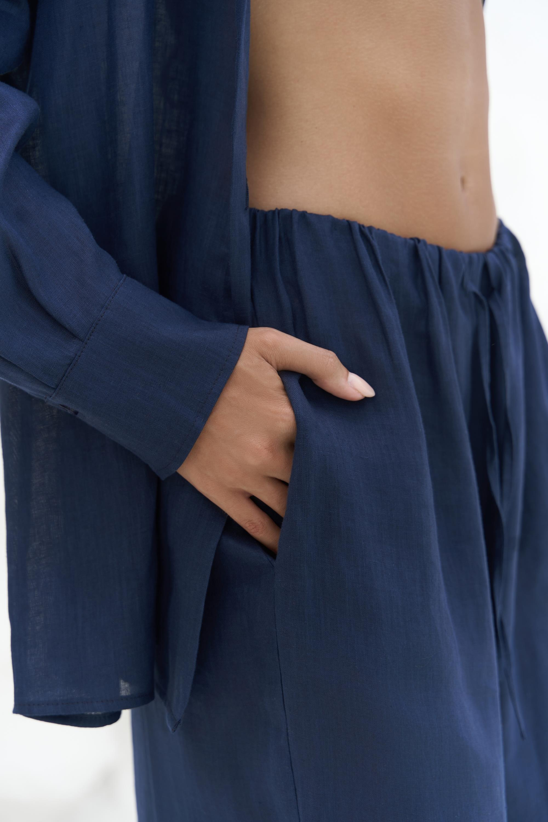 Jelsomina Oversize Lacivert Keten Gömlek Pantolon Takım