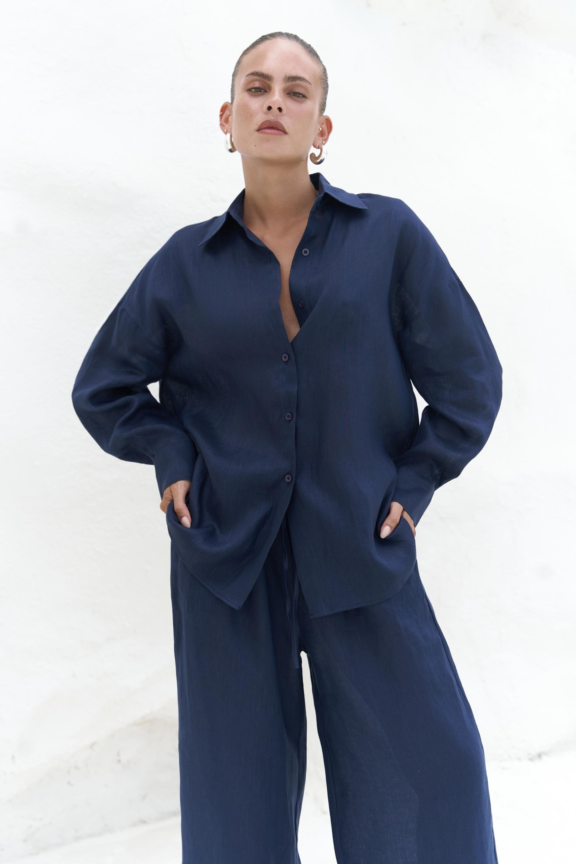 Jelsomina Oversize Lacivert Keten Gömlek Pantolon Takım