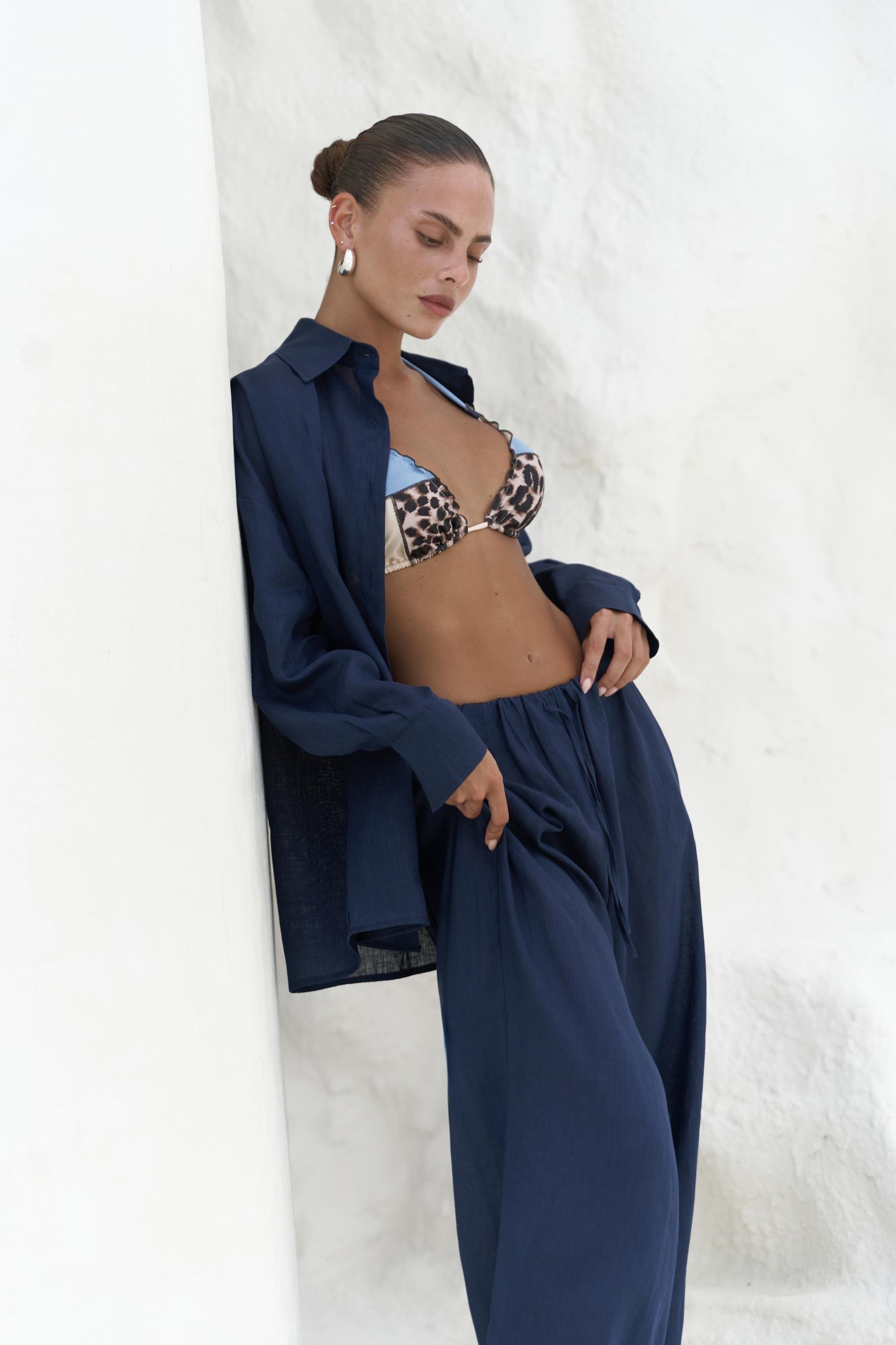 Jelsomina Oversize Lacivert Keten Gömlek Pantolon Takım