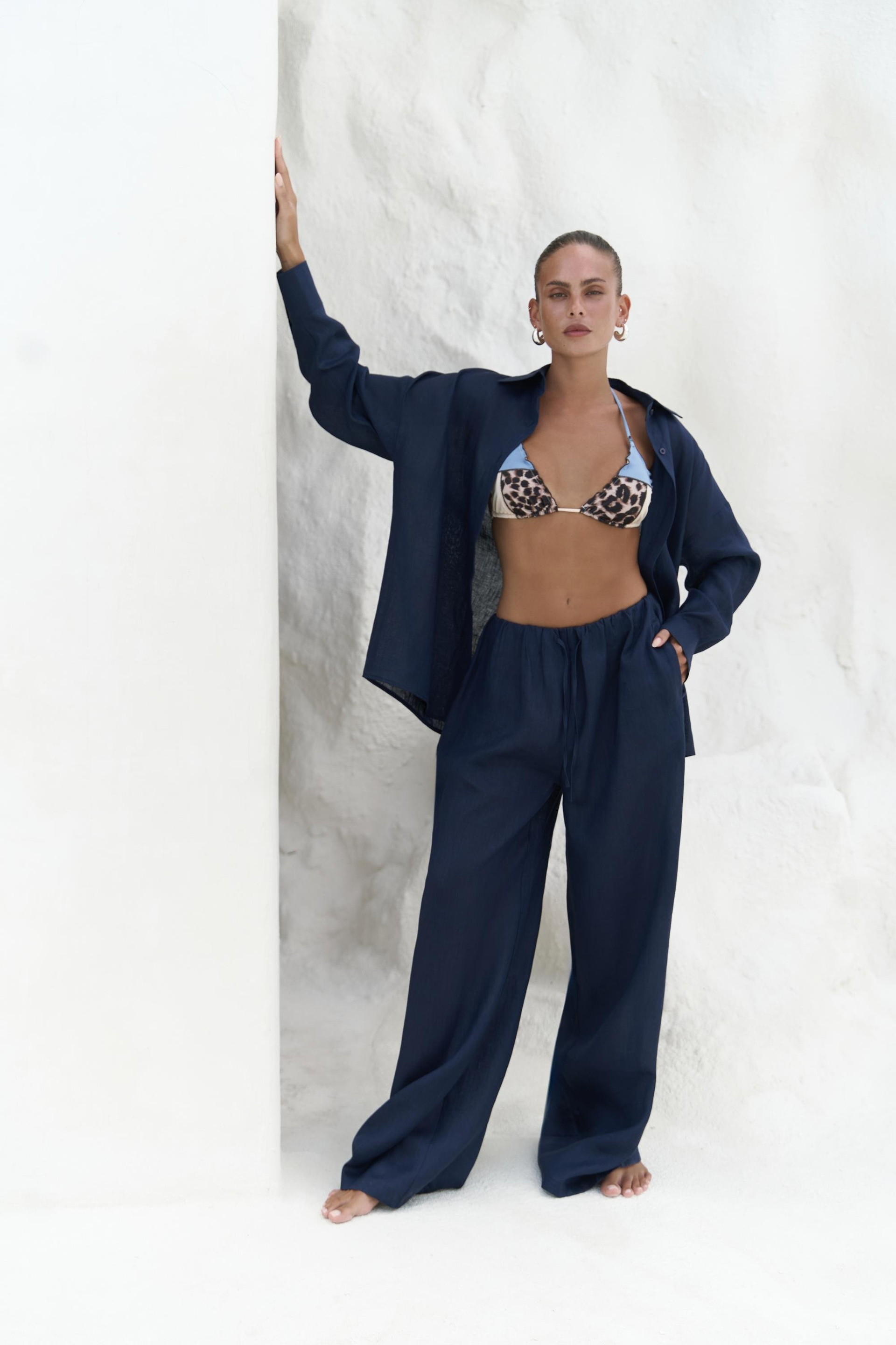 Jelsomina Oversize Lacivert Keten Gömlek Pantolon Takım