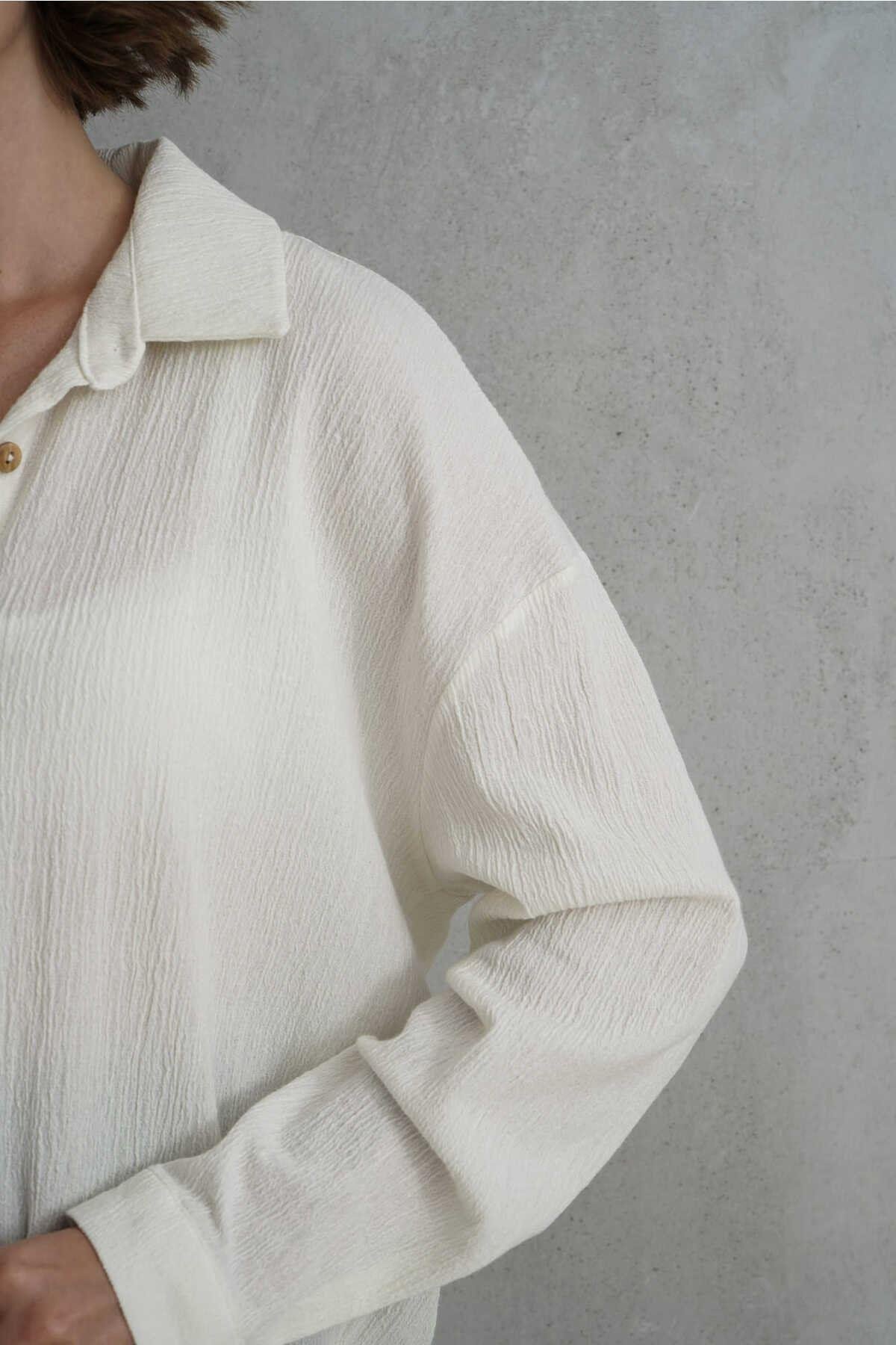 Jovena Gizli Düğme Detay Ekru Gömlek