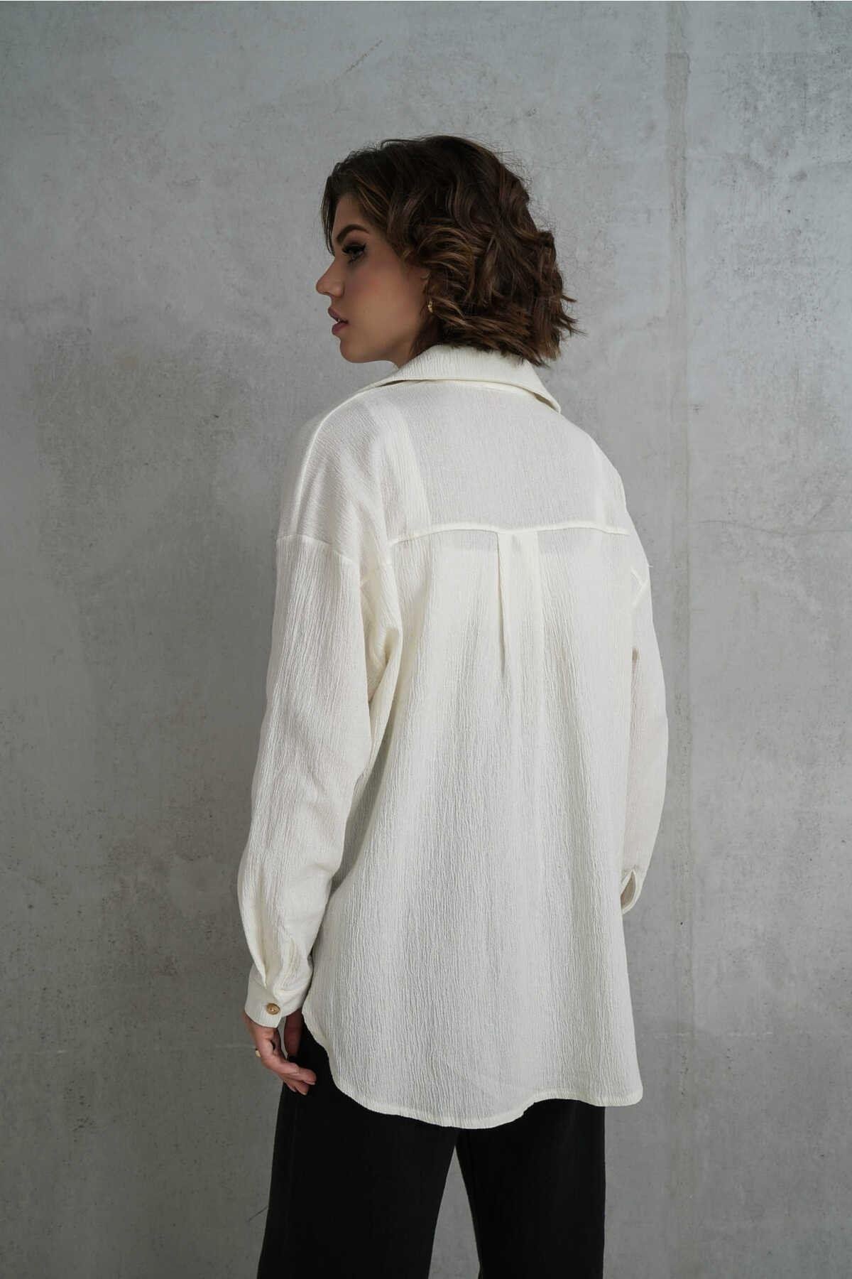 Jovena Gizli Düğme Detay Ekru Gömlek