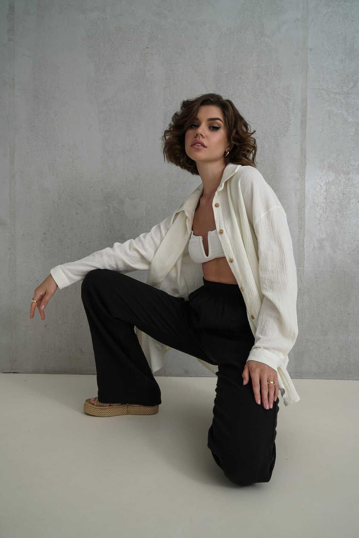 Jovena Gizli Düğme Detay Ekru Gömlek