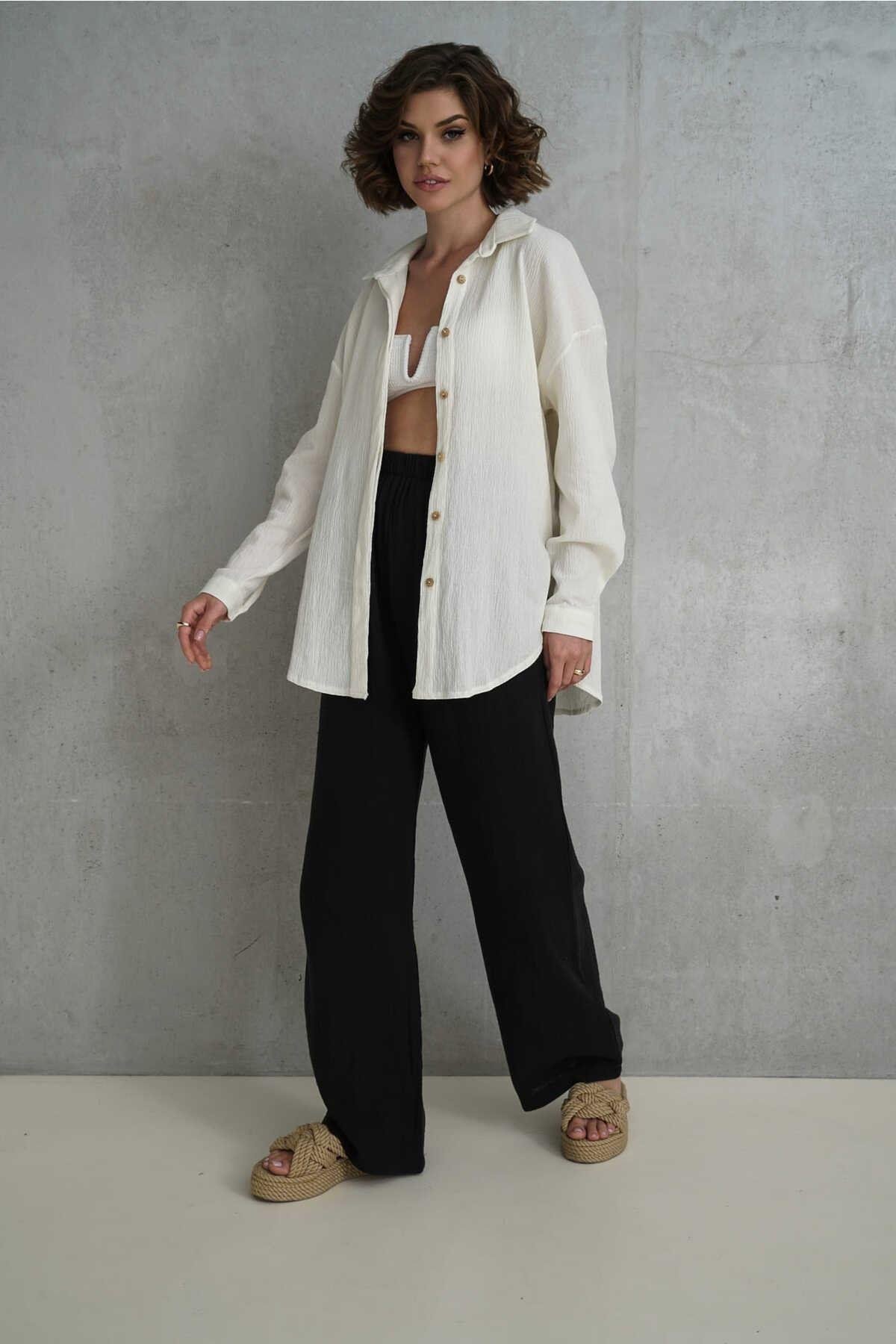 Jovena Gizli Düğme Detay Ekru Gömlek