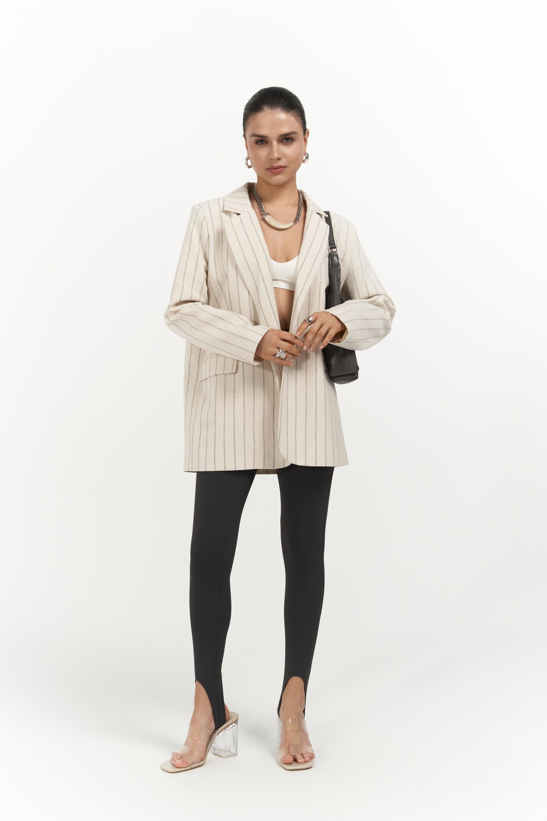 Juba Füme Çizgili Bej Basic Blazer