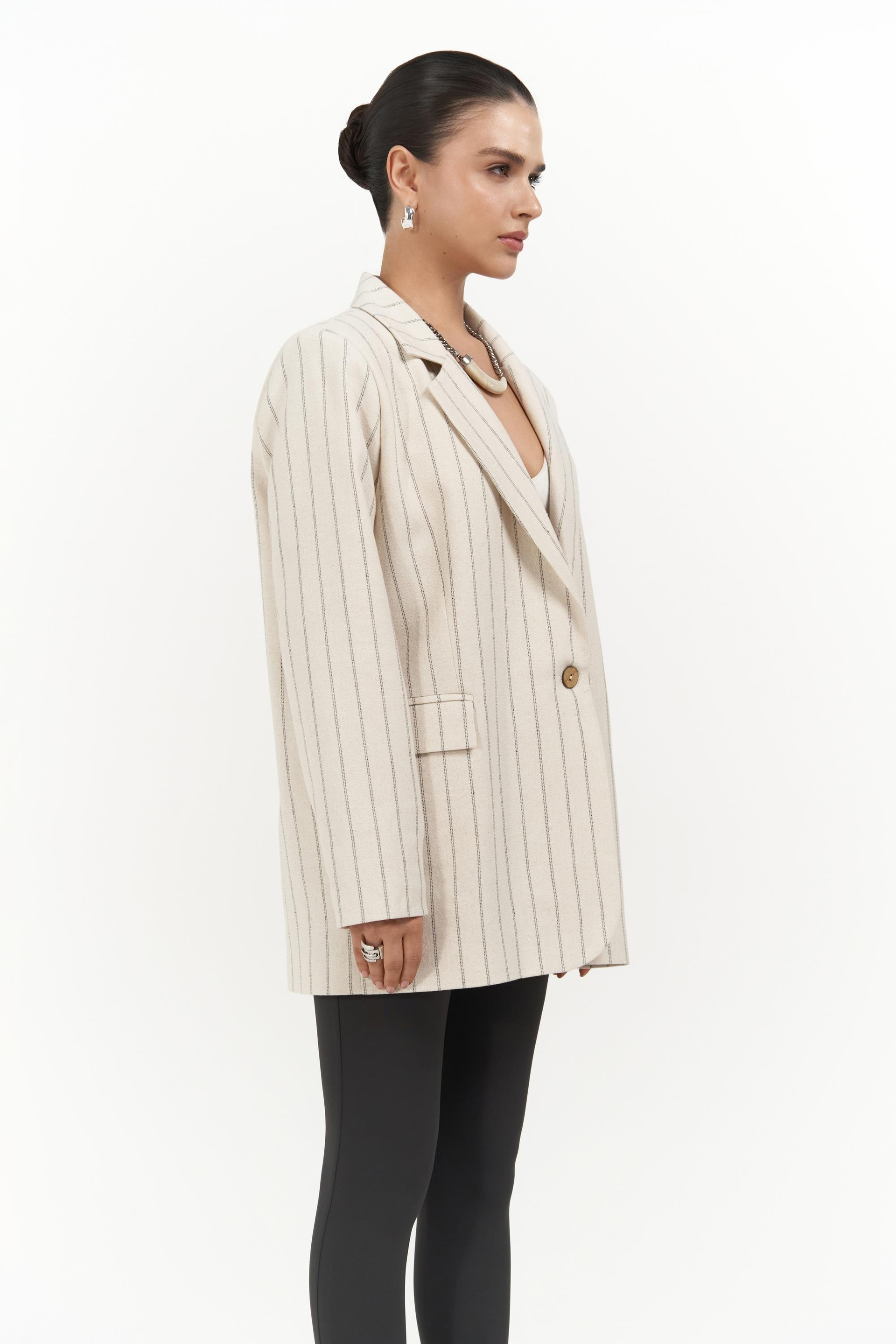 Juba Füme Çizgili Bej Basic Blazer
