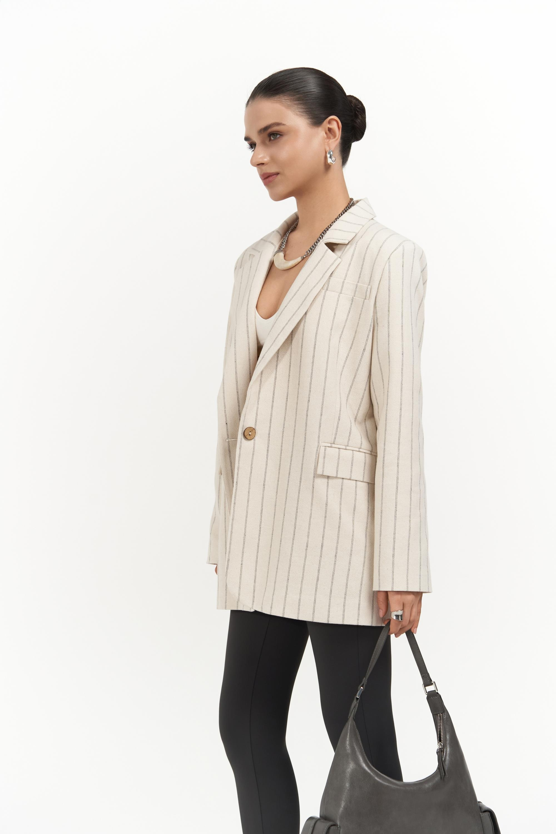 Juba Füme Çizgili Bej Basic Blazer