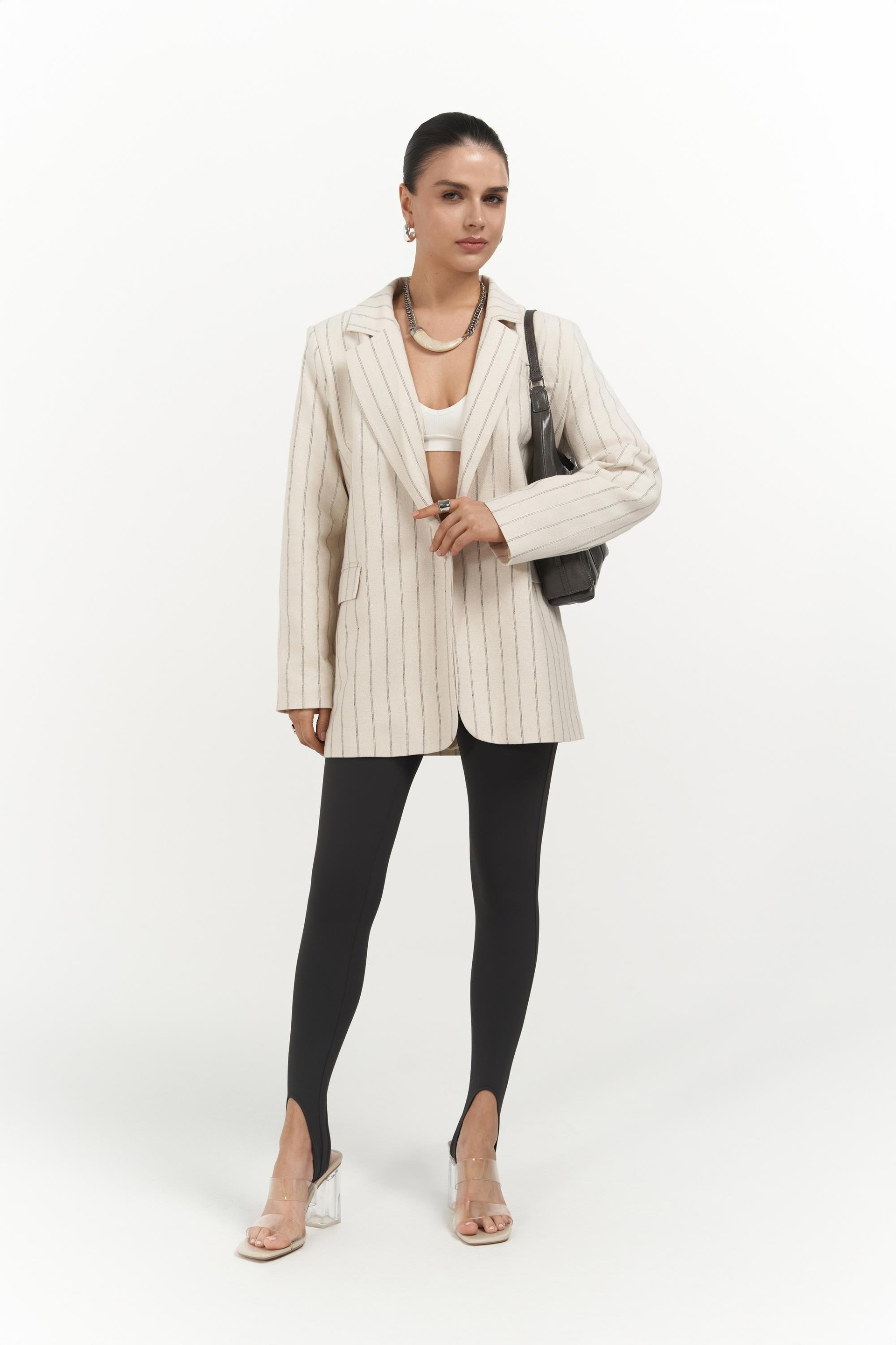 Juba Füme Çizgili Bej Basic Blazer