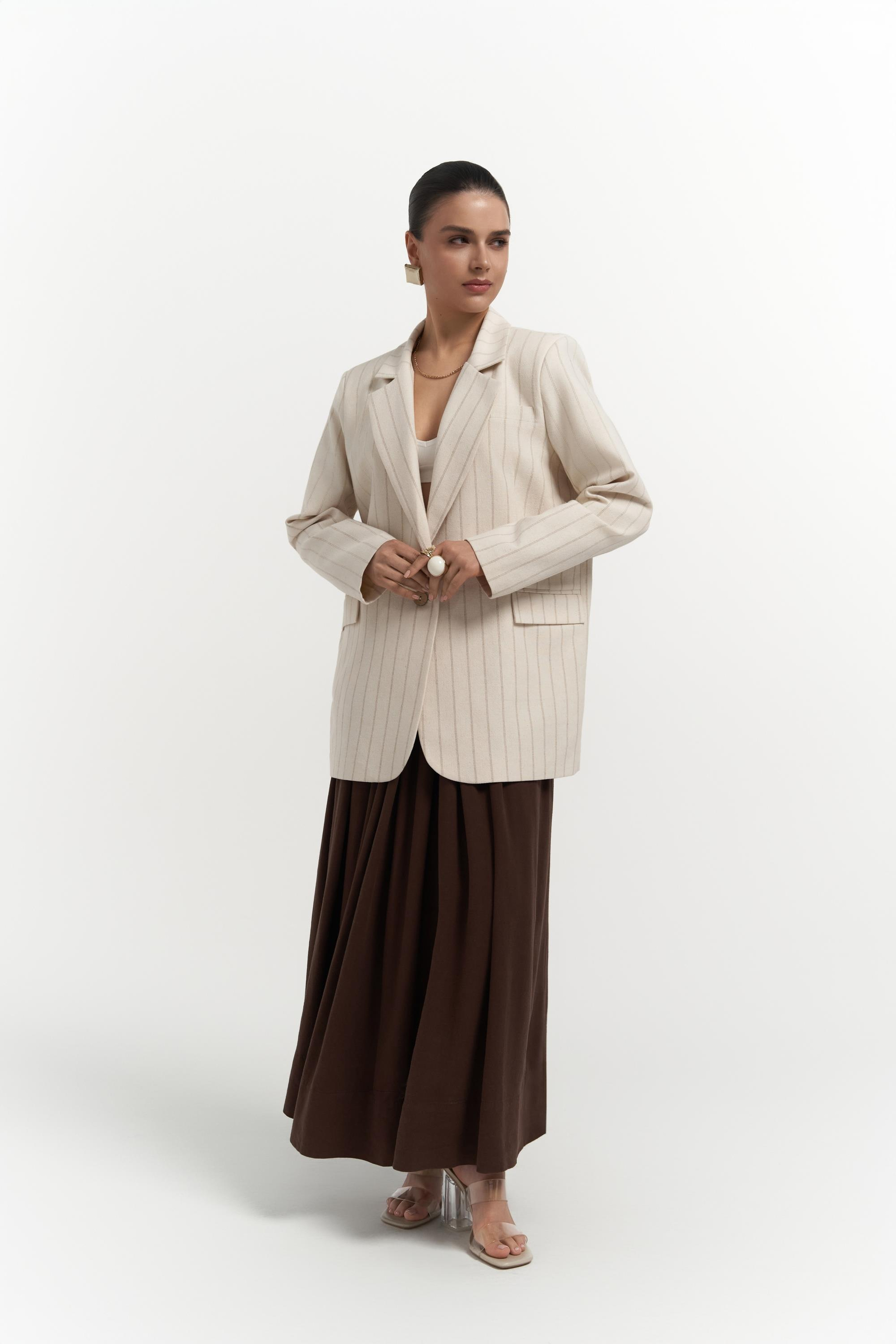 Juba Vizon Çizgili Bej Basic Blazer