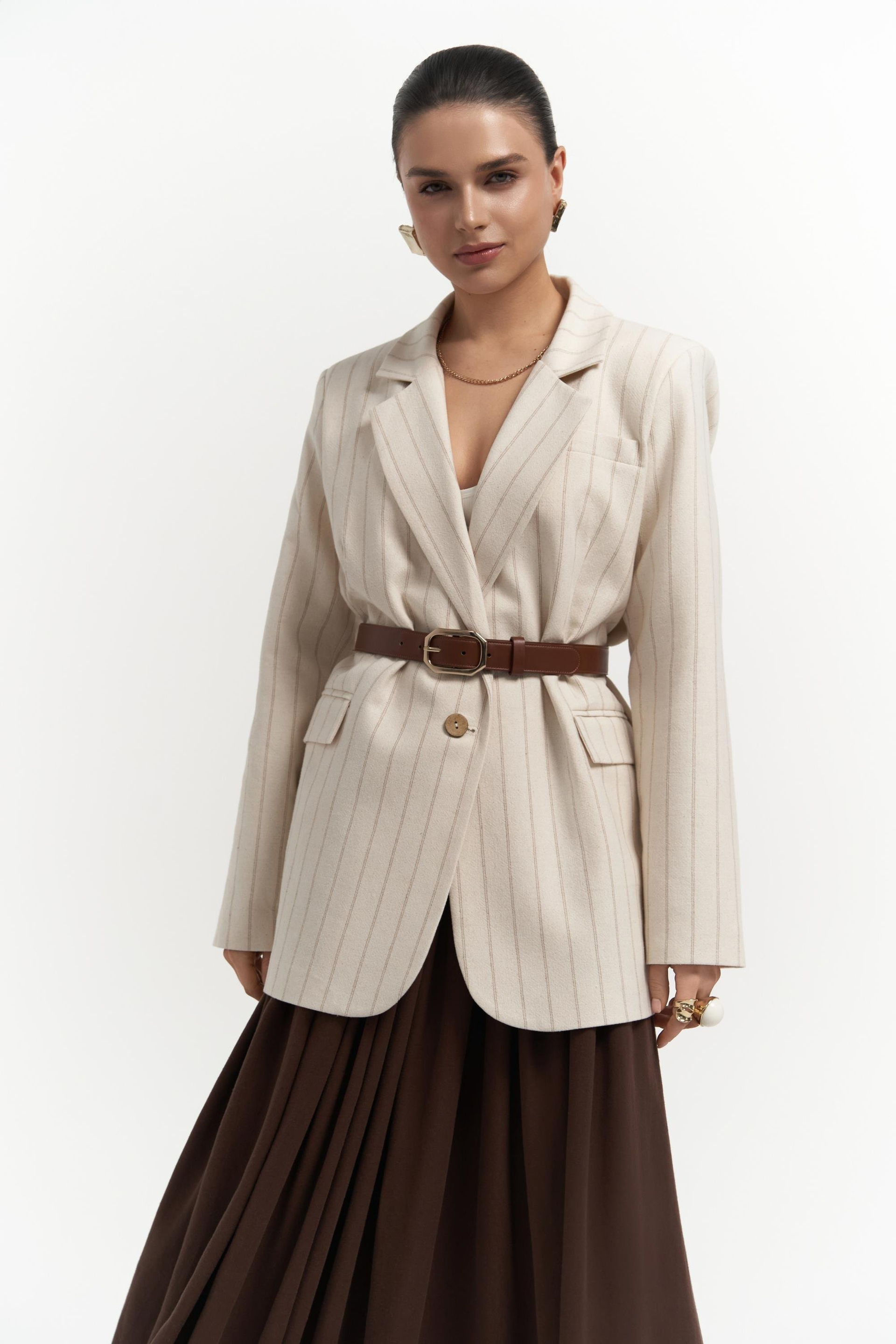 Juba Vizon Çizgili Bej Basic Blazer